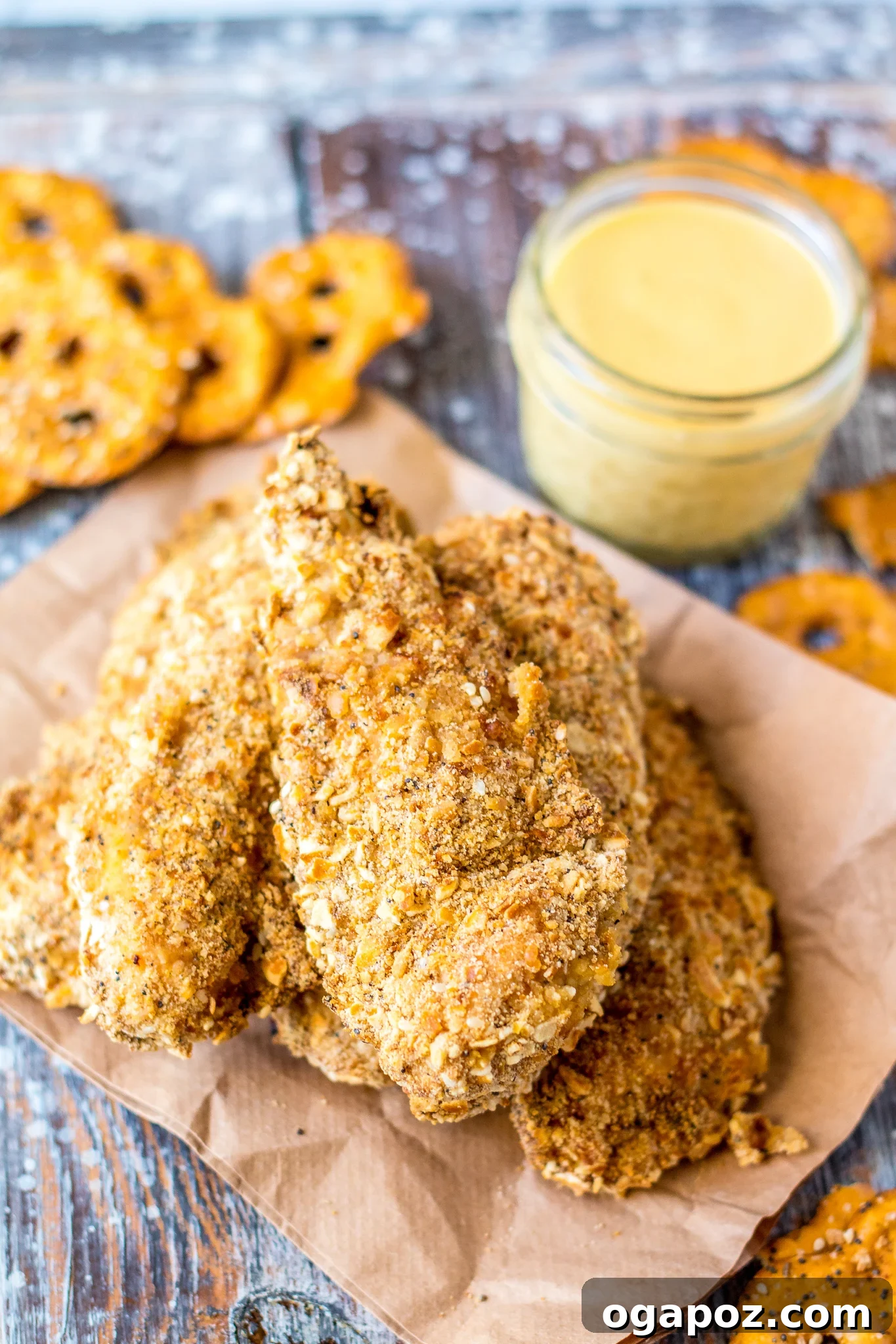 Crispy Pretzel Chicken Dinner 2 Pretzel Crusted Chicken tenders served with honey mustard dipping sauce.