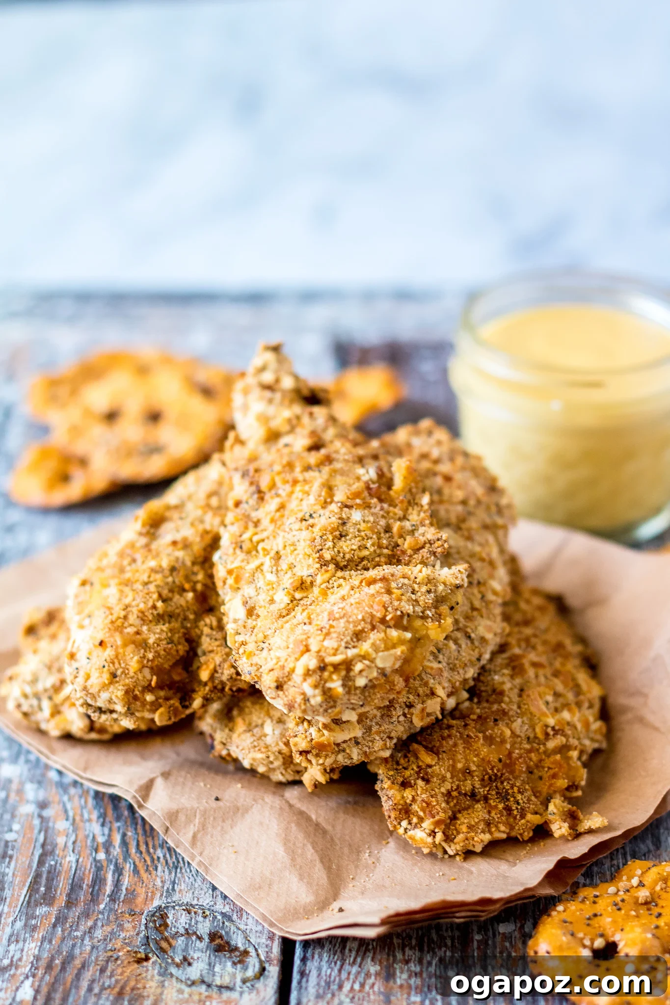 Crispy Pretzel Chicken Dinner 4 Prepared Pretzel Crusted Chicken tenders on a piece of parchment paper, ready for cooking.