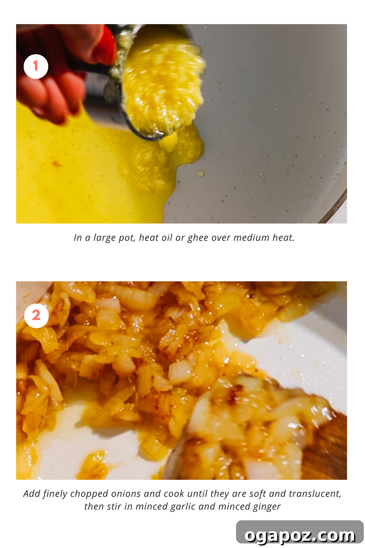 Speedy Coconut Curry Chickpeas 4 Step-by-step image of finely chopped onions sautéing in a pot with oil until translucent