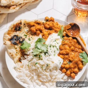Speedy Coconut Curry Chickpeas 8 Creamy coconut curry chickpeas served with rice and naan bread
