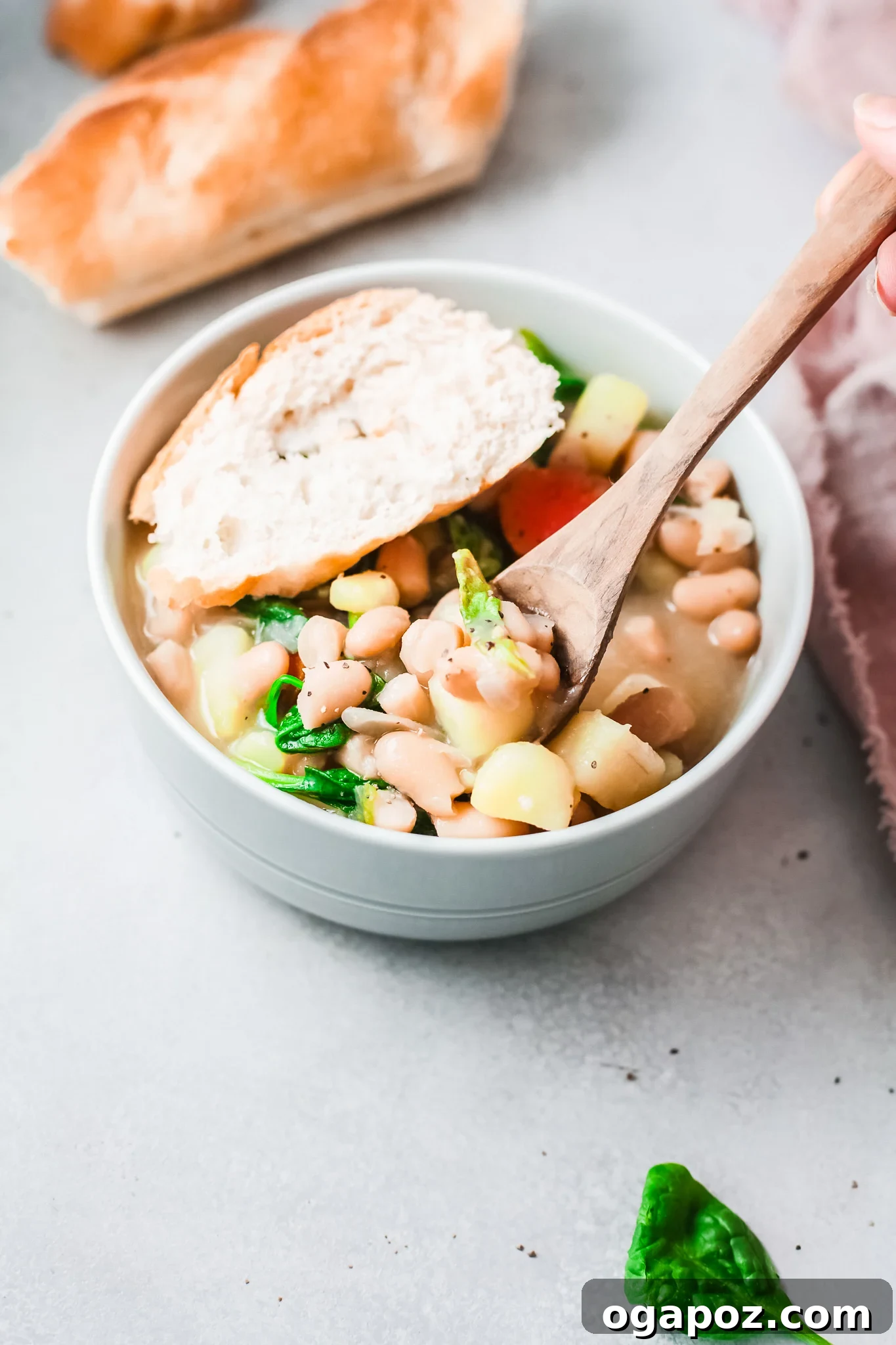 A close-up shot of key ingredients for Instant Pot Bean Soup, including white beans, chopped vegetables, and a selection of spices.