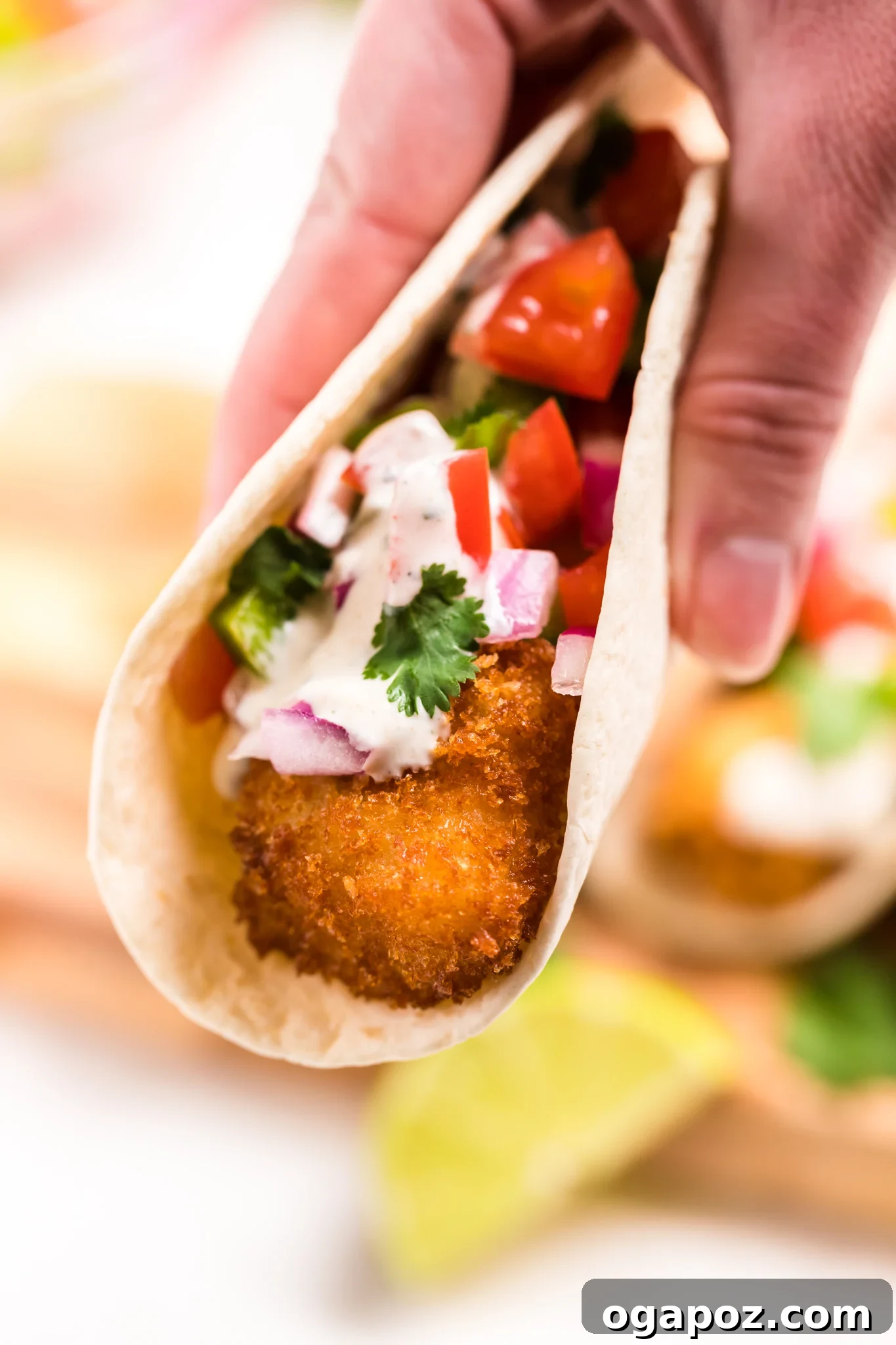 Crispy Air Fryer Tilapia 4 Air Fryer Tilapia ready to be served in warm tortillas with colorful salsa.
