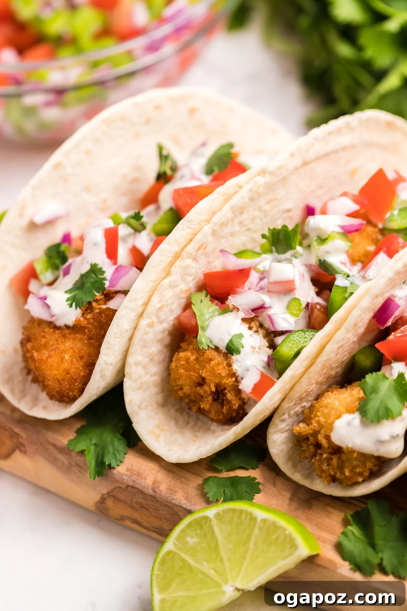 Zesty Tilapia Tacos 2 Crispy Air Fryer Tilapia Fish Tacos with fresh salsa and zesty lime aioli