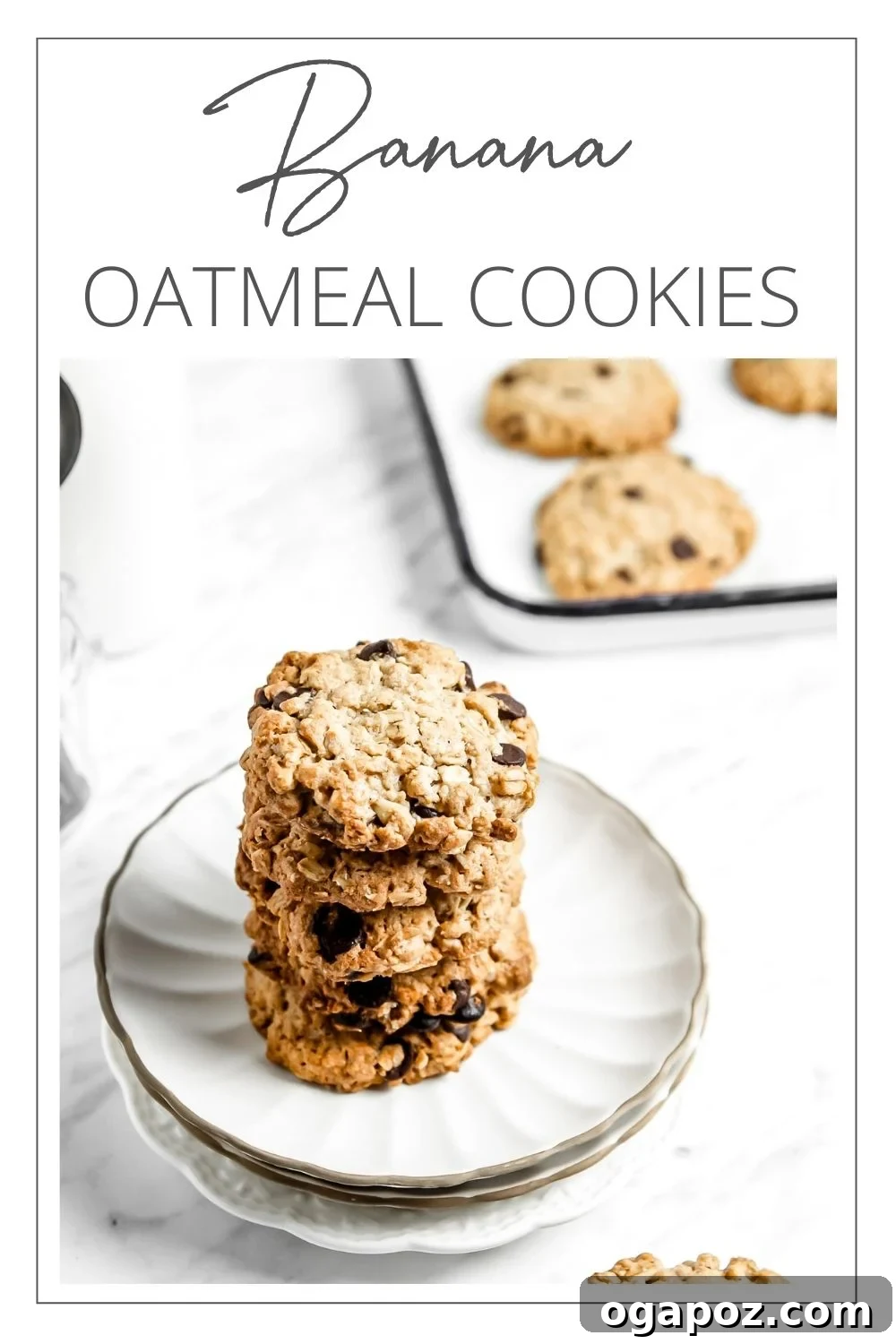 Soft-Baked Banana Oatmeal Cookies 10 A stack of Homemade Banana Oatmeal Cookies with a brand logo overlay, highlighting the wholesome and delicious nature of the recipe.