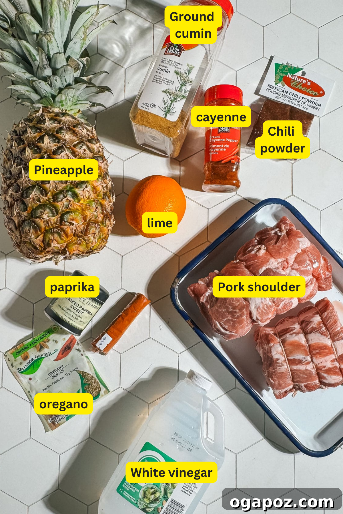 Effortless Tacos Al Pastor Recipe 3 Collection of fresh ingredients for Tacos Al Pastor marinade, including pineapple, spices, and pork shoulder
