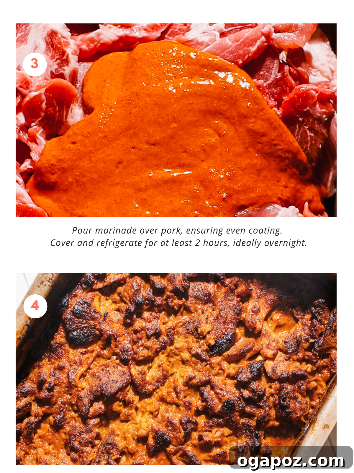 Effortless Tacos Al Pastor Recipe 6 Thinly sliced pork shoulder marinating in a baking dish