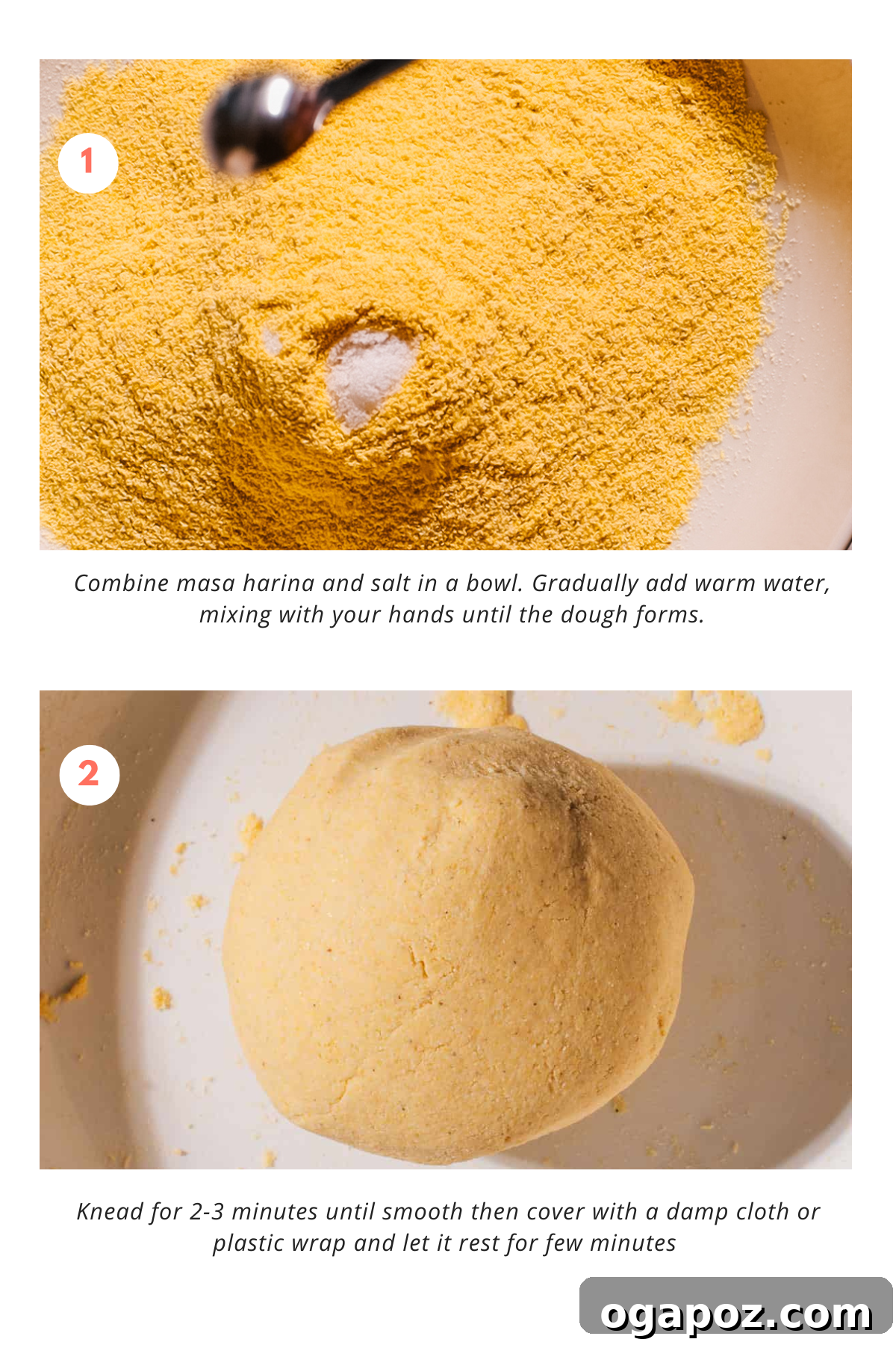 Ultra Soft and Easy Homemade Corn Tortillas Recipe 4 Step-by-step visuals for mixing and kneading corn tortilla dough.