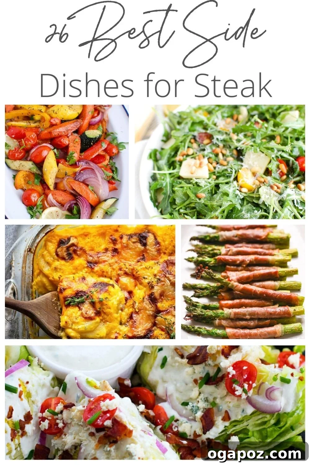 A diverse selection of 26 best side dishes for steak, including fresh salads, roasted vegetables, and creamy potato dishes, all perfectly complementing a juicy steak.