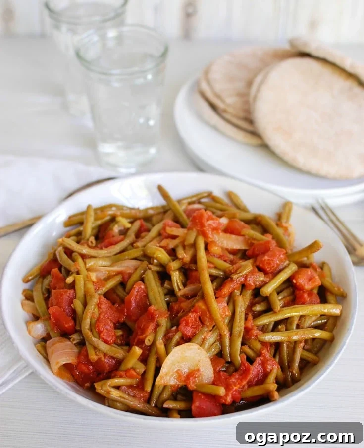 Lebanese Green Beans (Lubee) cooked with tomatoes and spices.