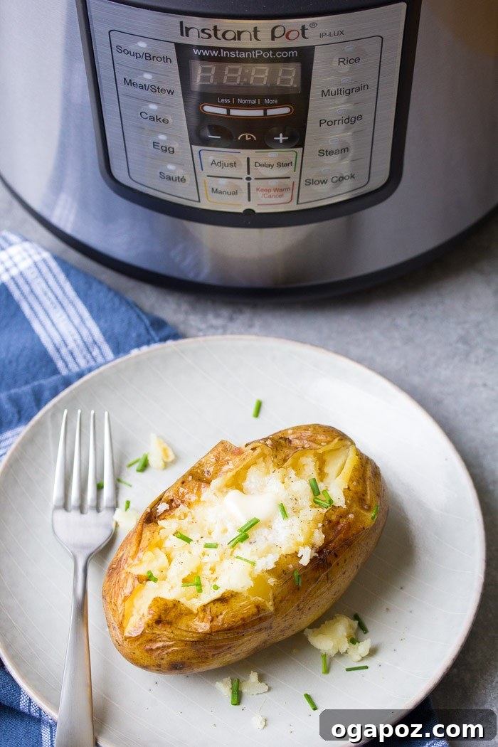 Perfectly cooked Instant Pot Baked Potatoes with crispy skin.