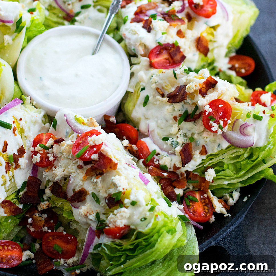 Classic Wedge Salad with blue cheese dressing and bacon bits.