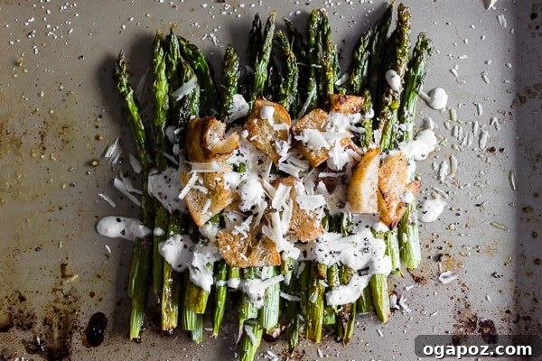 Roasted Asparagus Caesar Salad with a creamy Greek yogurt dressing.