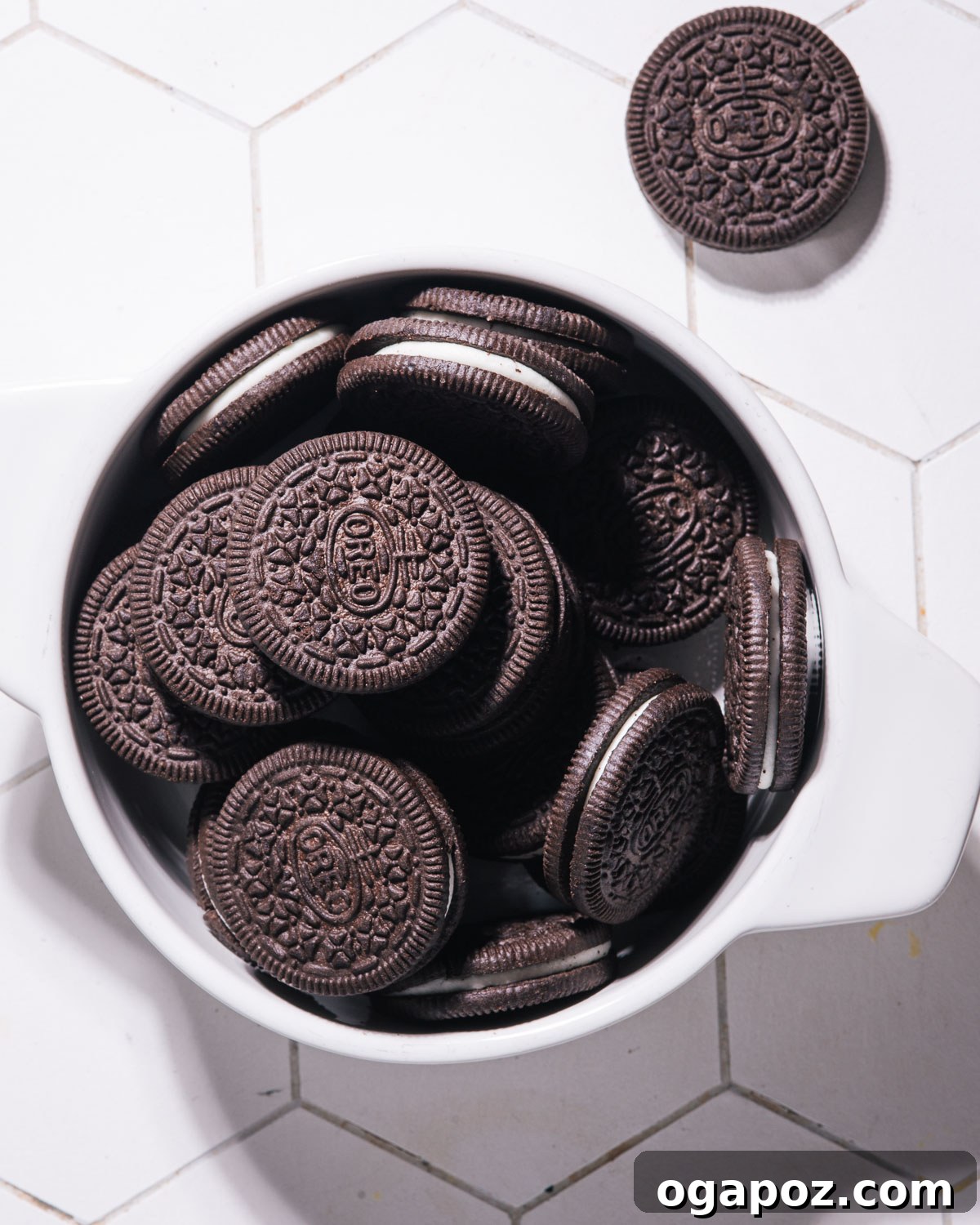 Effortless No Churn Cookies and Cream Ice Cream 5 Crushed Oreo cookies in a bowl, ready for the ice cream mixture.