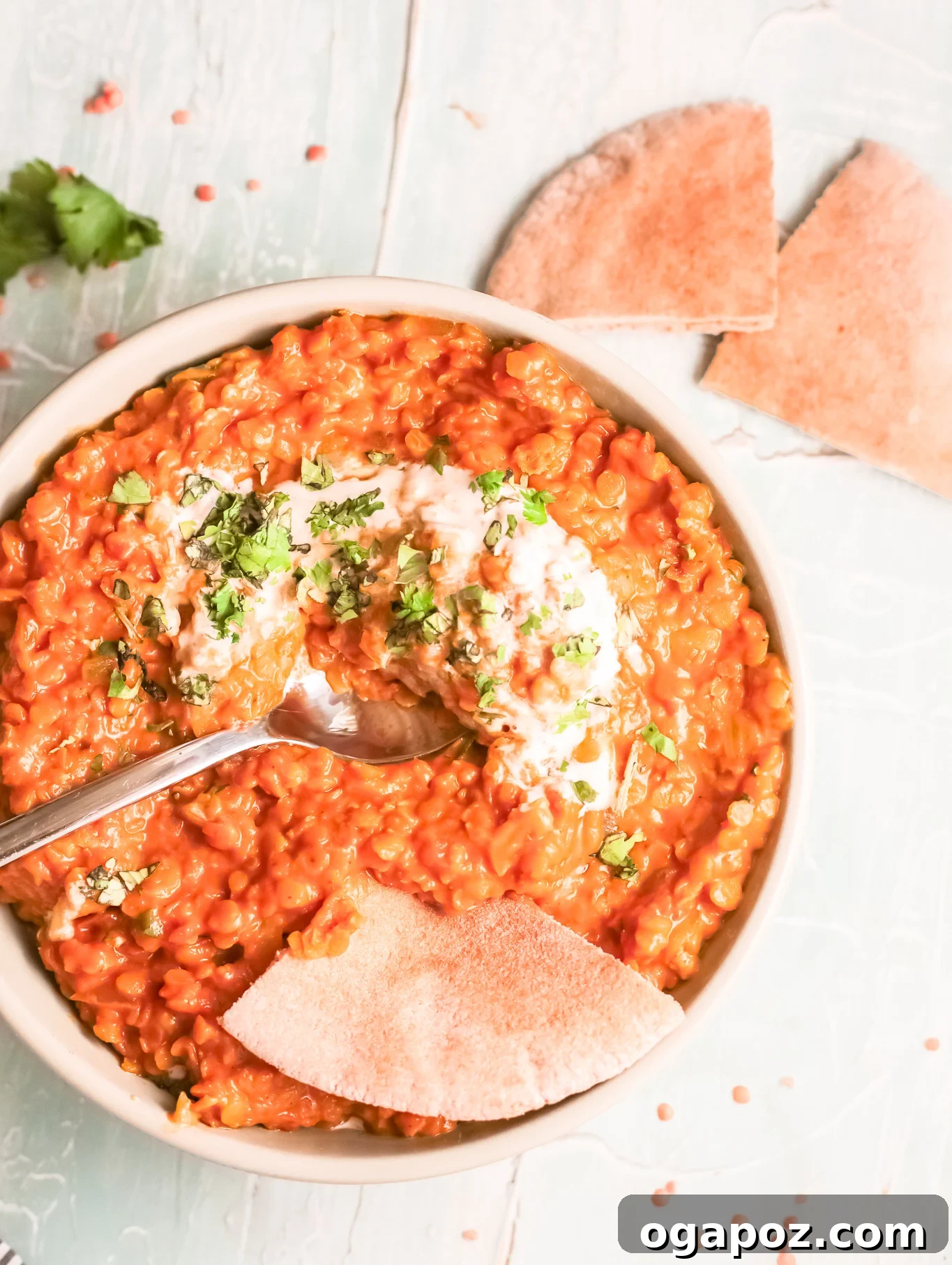 Spiced Red Lentil Curry 2 A bowl of vibrant Red Lentil Curry, garnished with fresh parsley, with a spoon ready to serve. The curry is rich, creamy, and inviting.