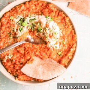 Spiced Red Lentil Curry 9 Red Lentil Curry dish, top-down view.