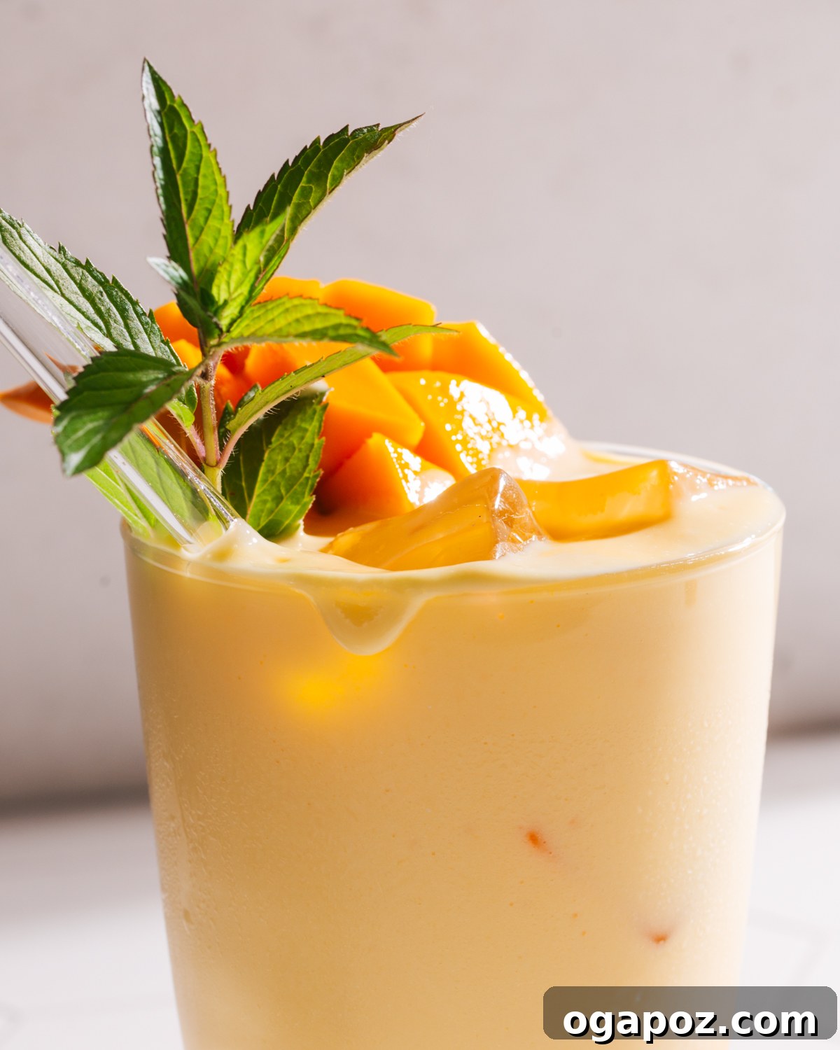Refreshing Mango Lassi garnished with fresh mint leaves in a tall glass