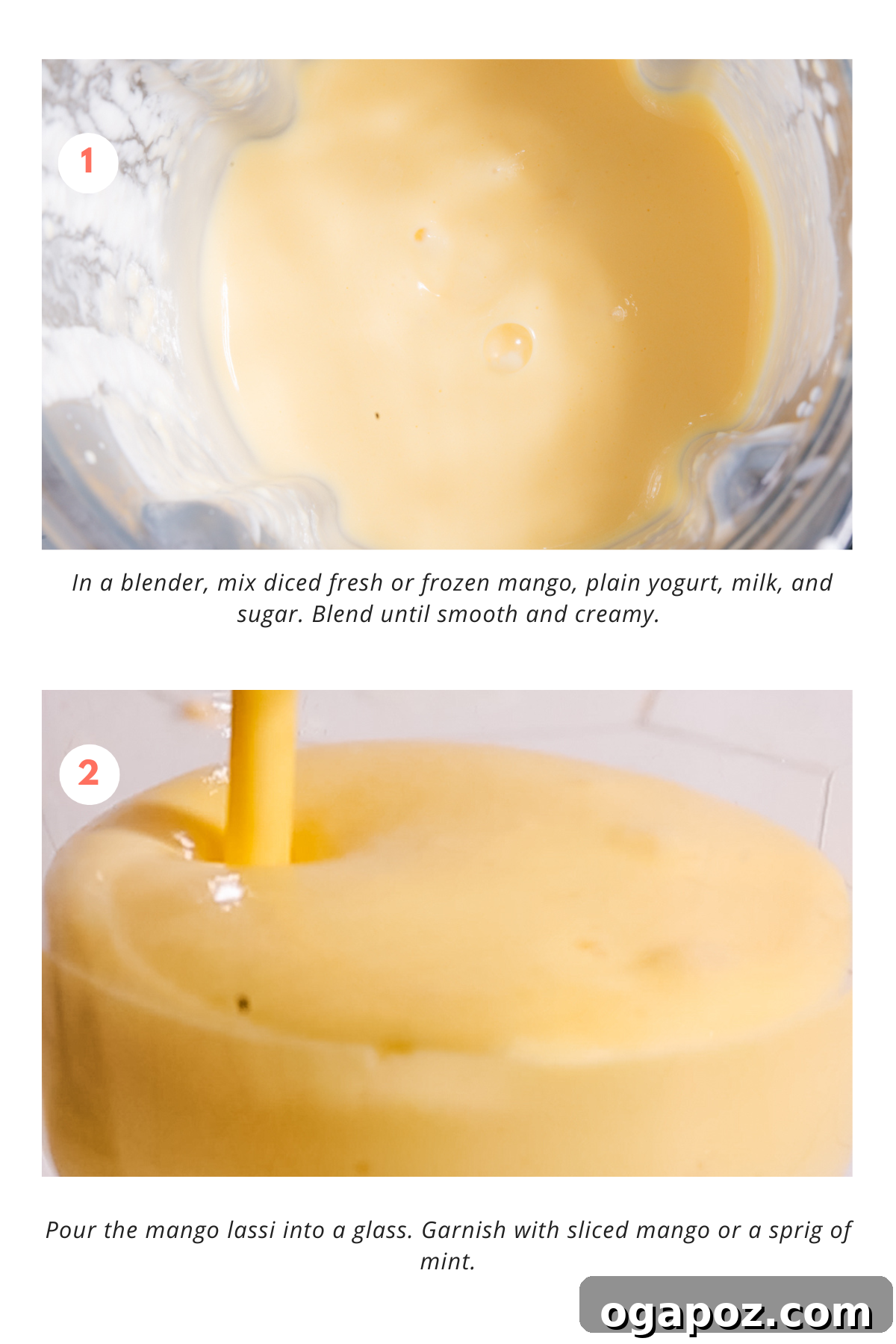 Visual steps for making mango lassi, showing ingredients being blended and then poured into a glass