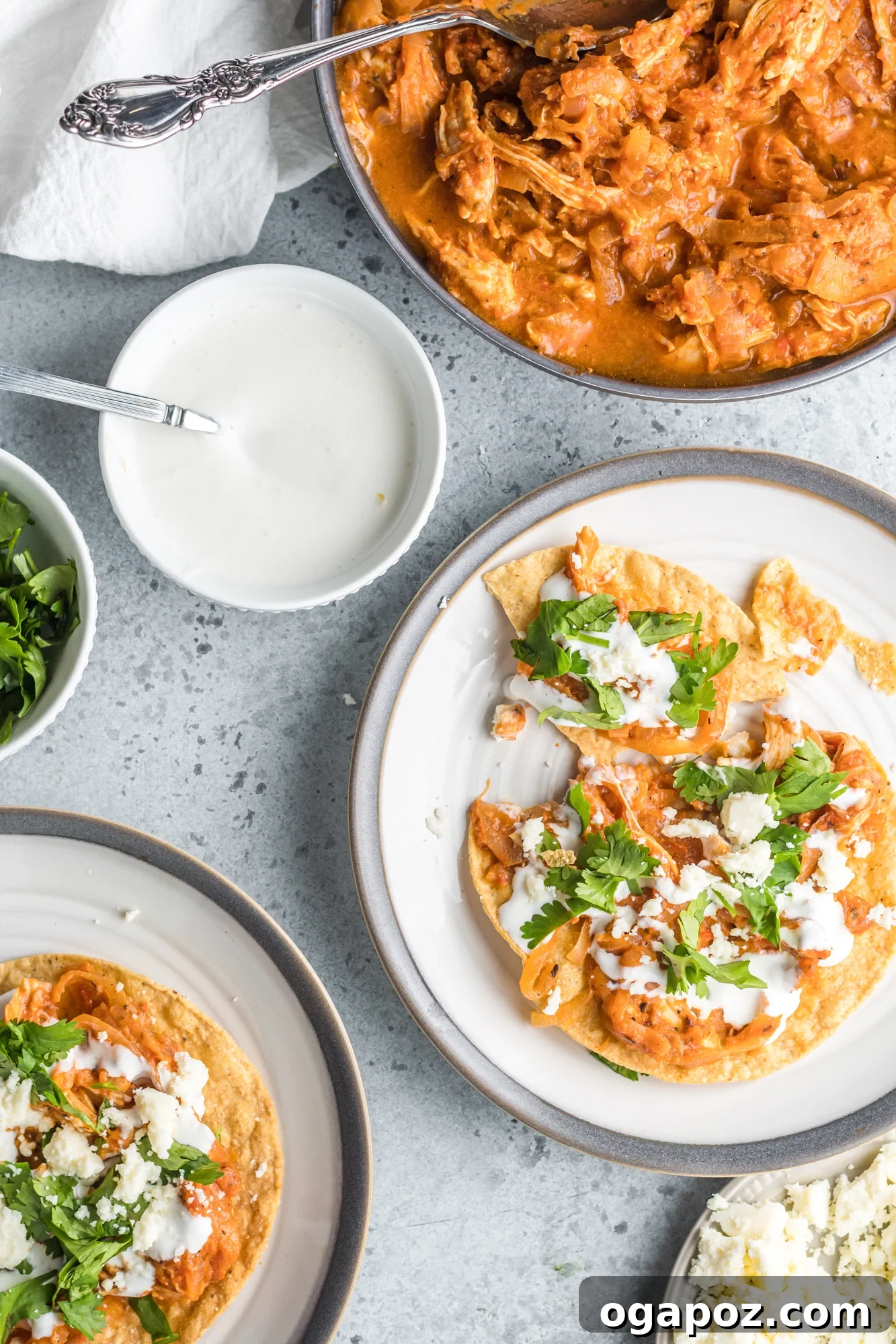 Above shot of Chicken Tinga tacos with fresh toppings.