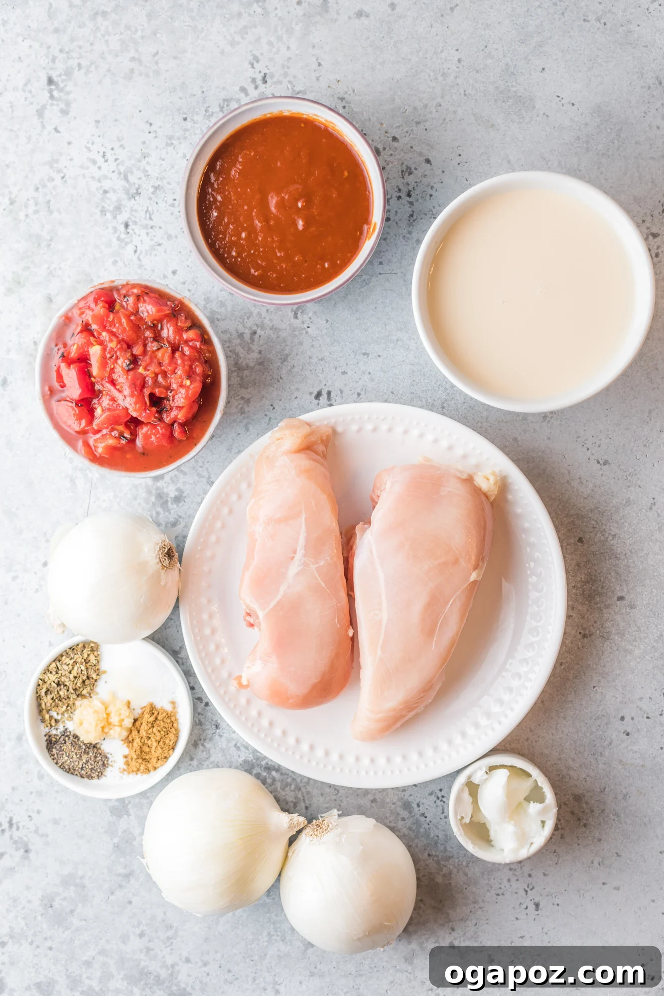 A selection of fresh ingredients laid out for making Chicken Tinga.