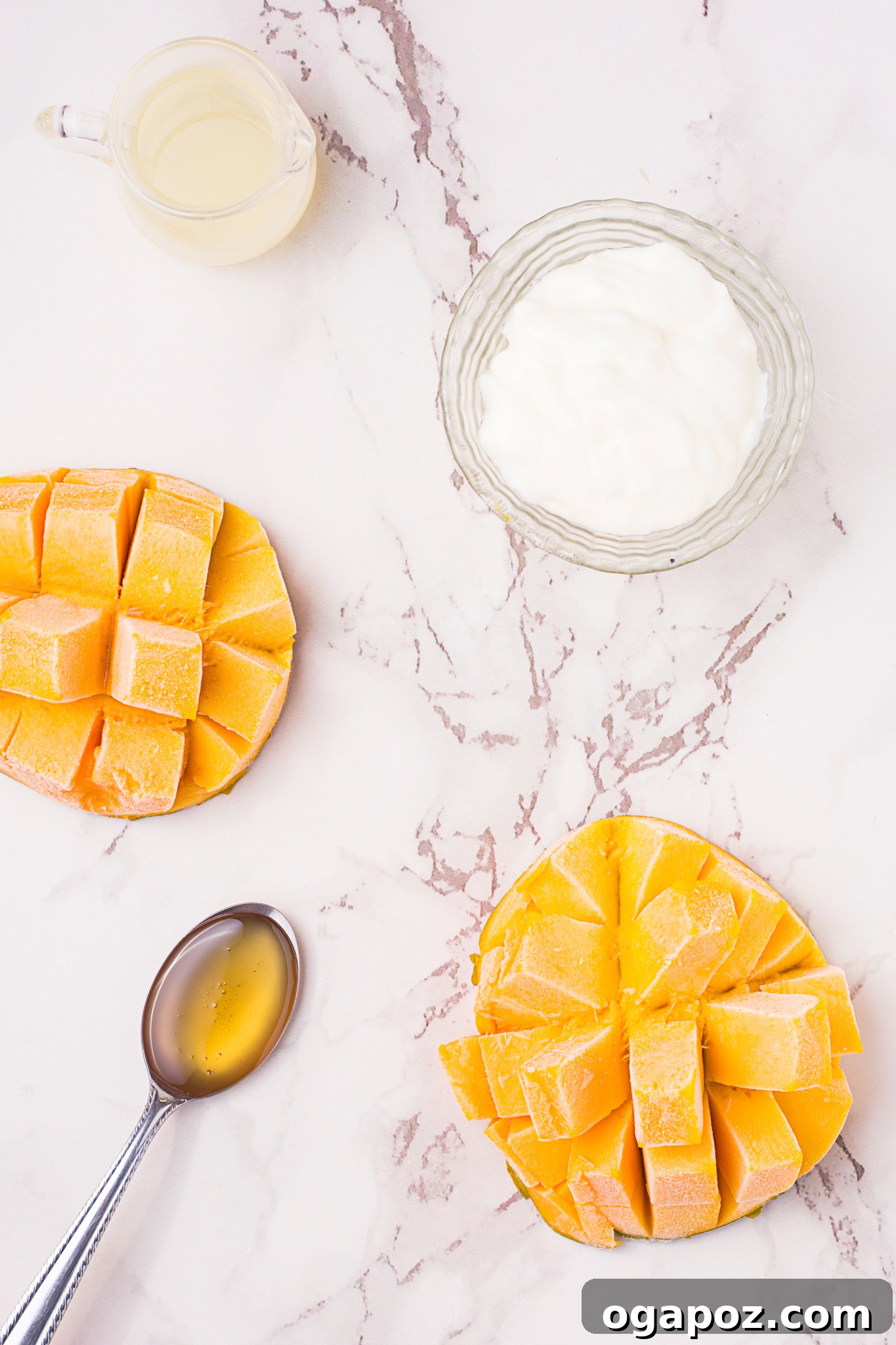 Velvety Mango Lassi 3 Fresh mangoes, plain yogurt, whole milk, and golden honey displayed on a rustic wooden board, ready for blending into a delicious Mango Lassi.