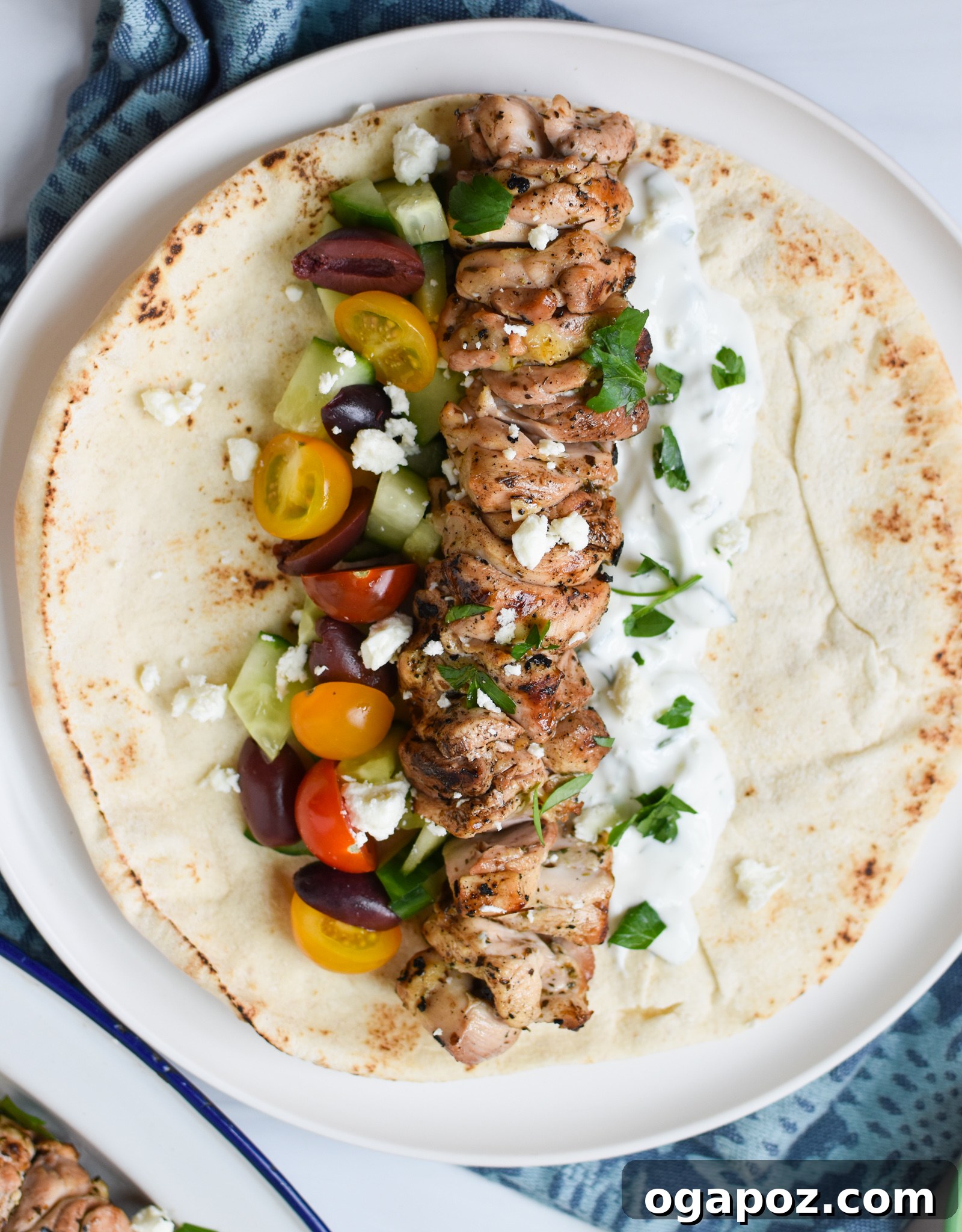 Classic Greek Chicken Souvlaki 8 Chicken Souvlaki Recipe with tzatziki. A close-up of grilled chicken skewers with a bowl of white tzatziki sauce.