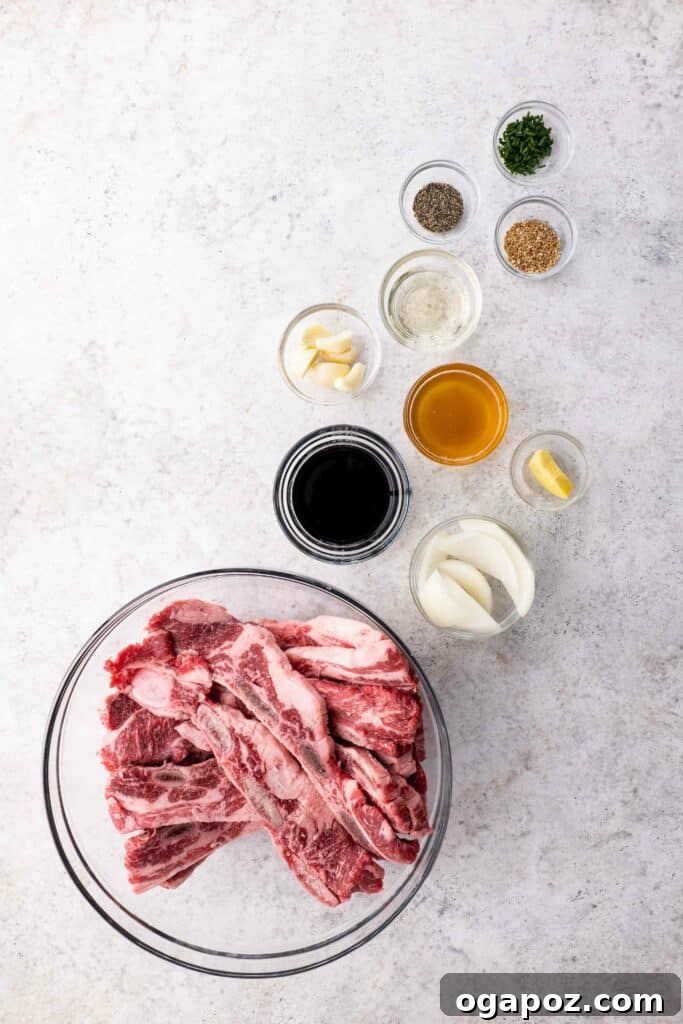 Korean BBQ Galbi 3 Essential ingredients for Korean Short Ribs marinade preparation, including fresh produce and sauces, neatly arranged.