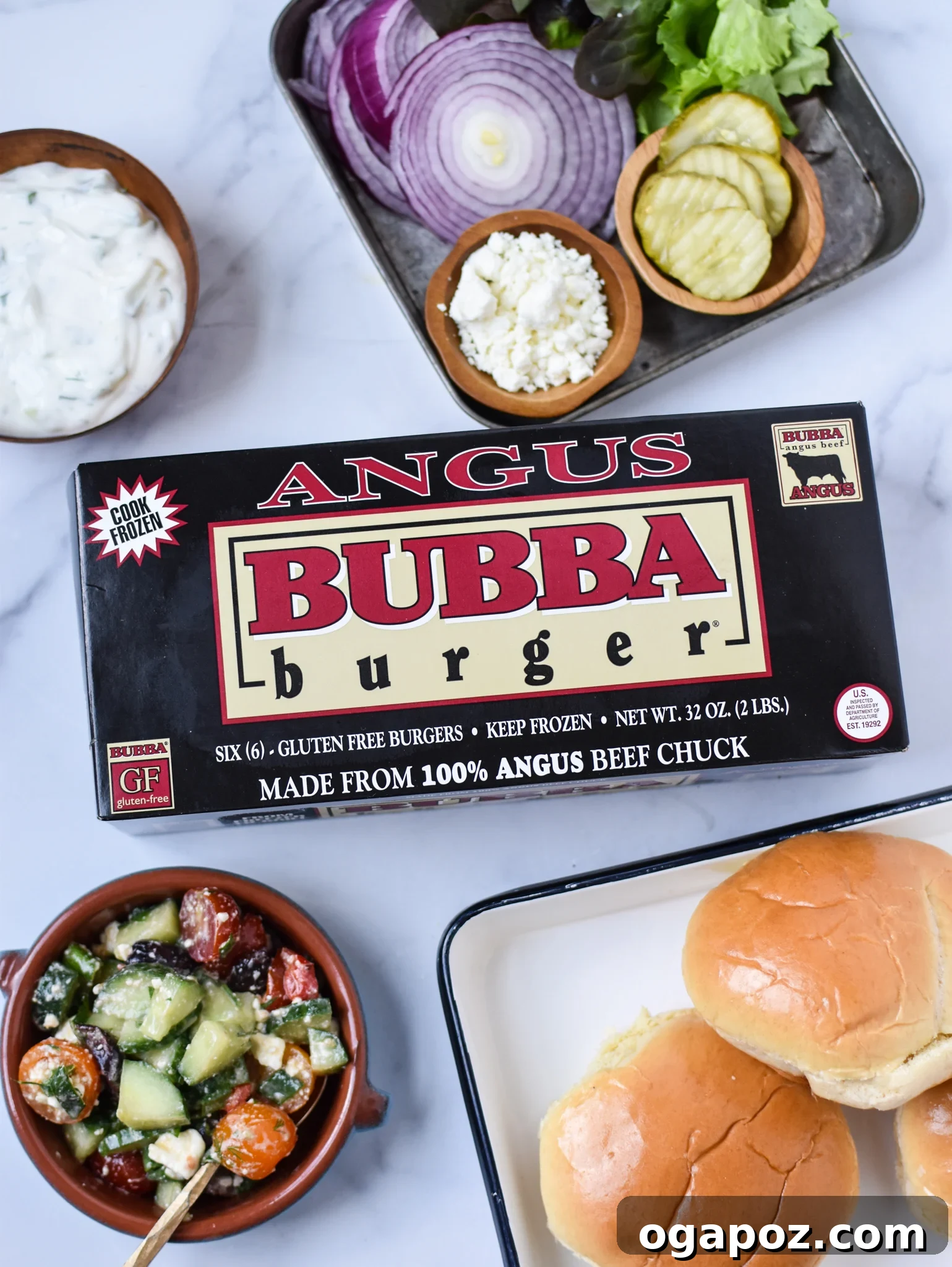 Effortless Greek Burgers 3 Ingredients laid out for Easy Greek Burger Recipe preparation.