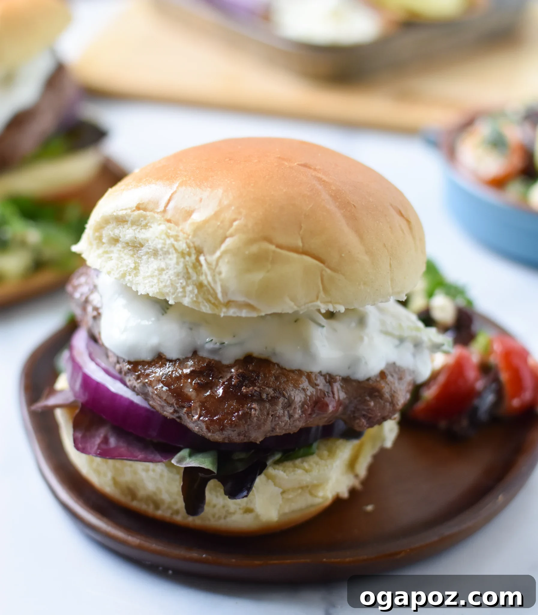 Effortless Greek Burgers 5 Easy Greek Burger Recipe on a plate with a side of Greek salad.