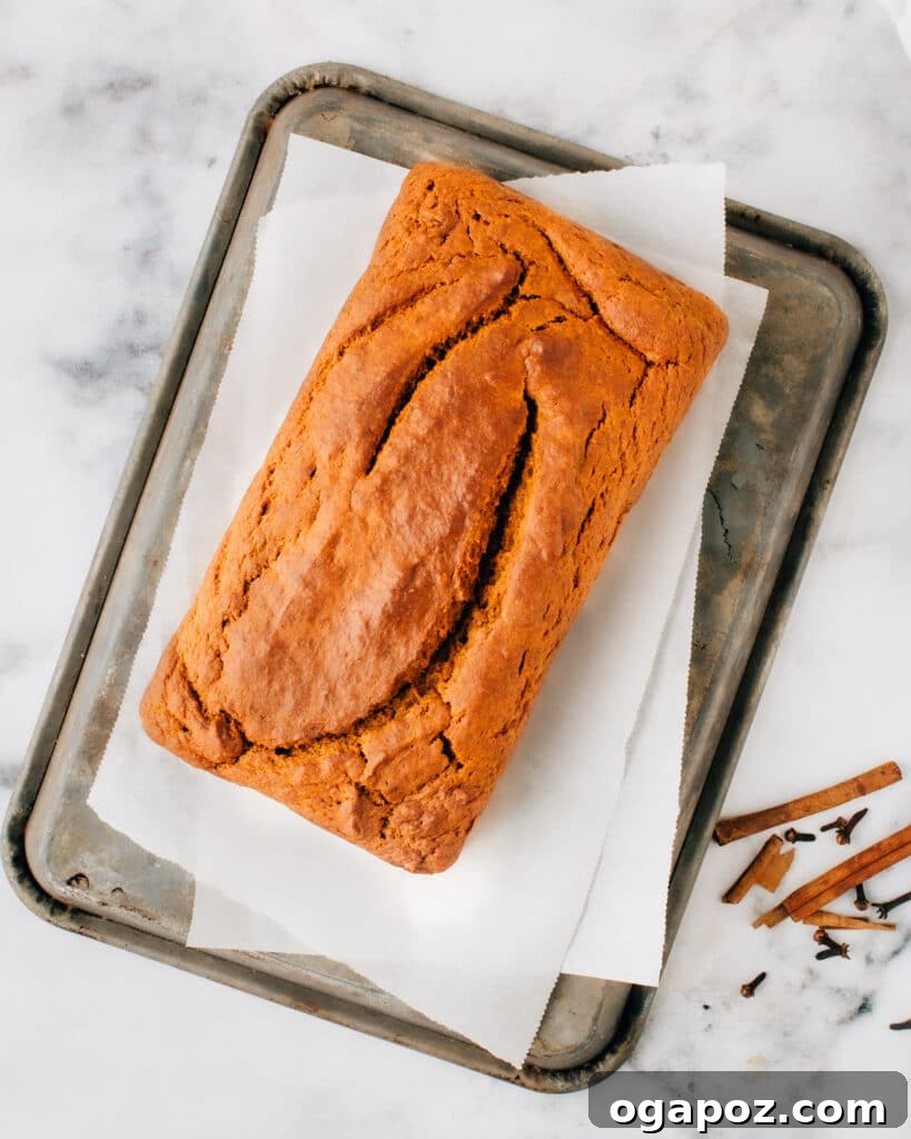 Luscious Autumn Pumpkin Loaf 3 A whole loaf of golden-brown pumpkin bread cooling on parchment paper on a wire rack.