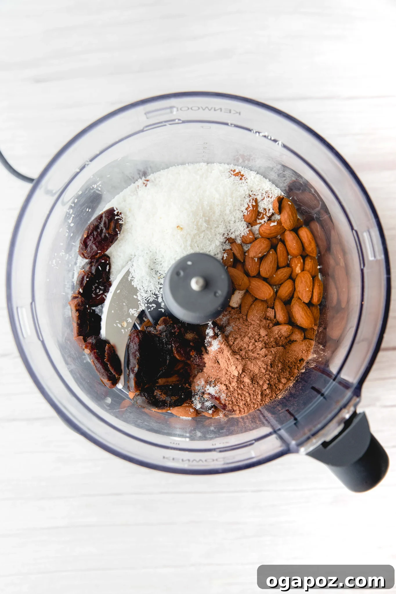 No-Bake Date Energy Bites 6 recipe ingredients for date protein balls in a food processor ready to be blended