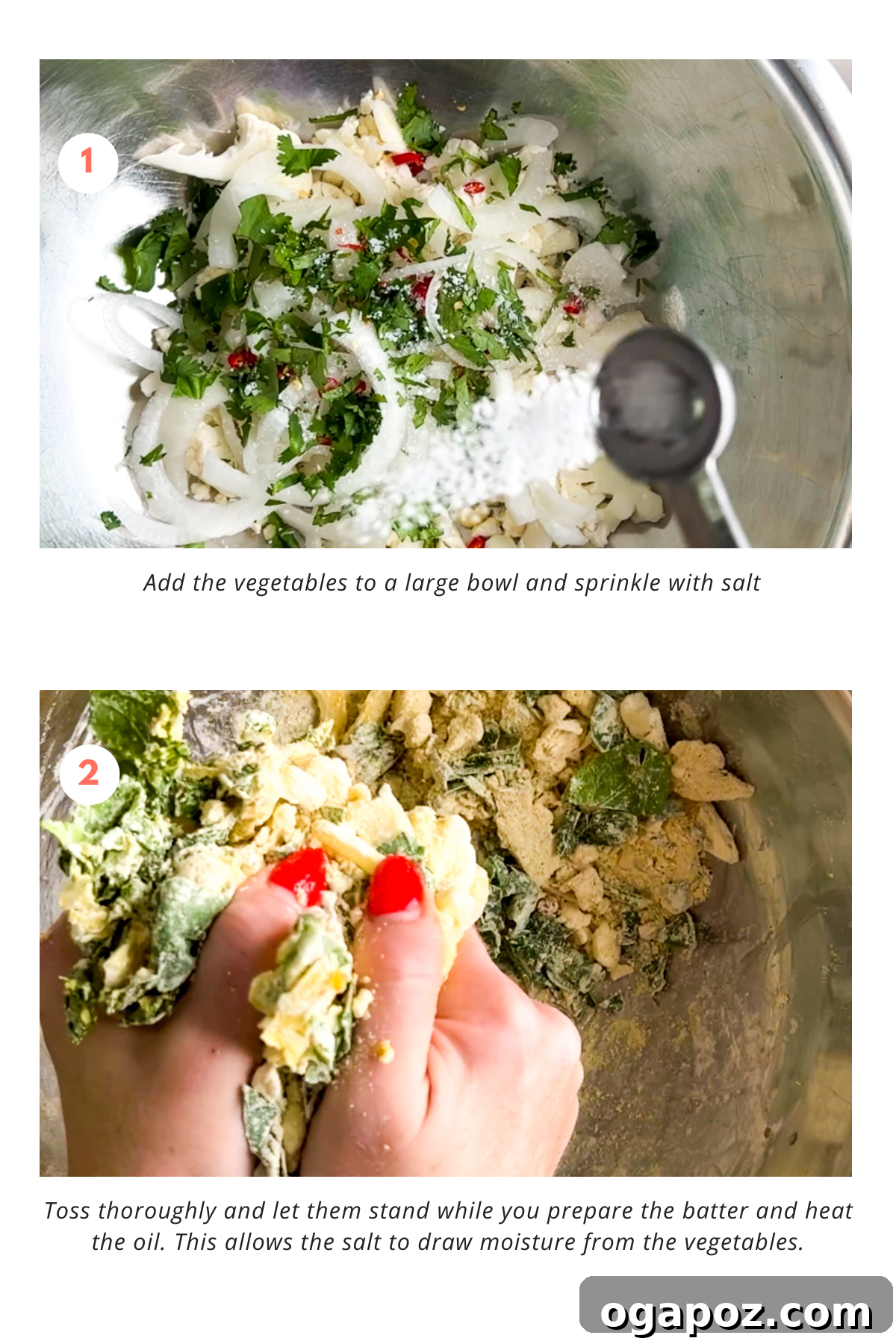 Indian Pakora Effortless Crispy Vegetable Fritters 4 Four images showing the steps of making pakora: slicing vegetables, mixing batter, forming balls, and frying.