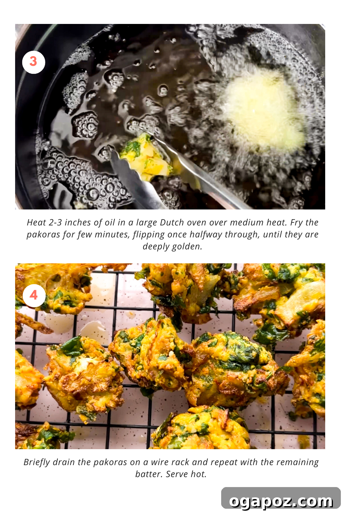 Indian Pakora Effortless Crispy Vegetable Fritters 6 Three images showing the steps of making pakora: frying, draining on a rack, and serving.
