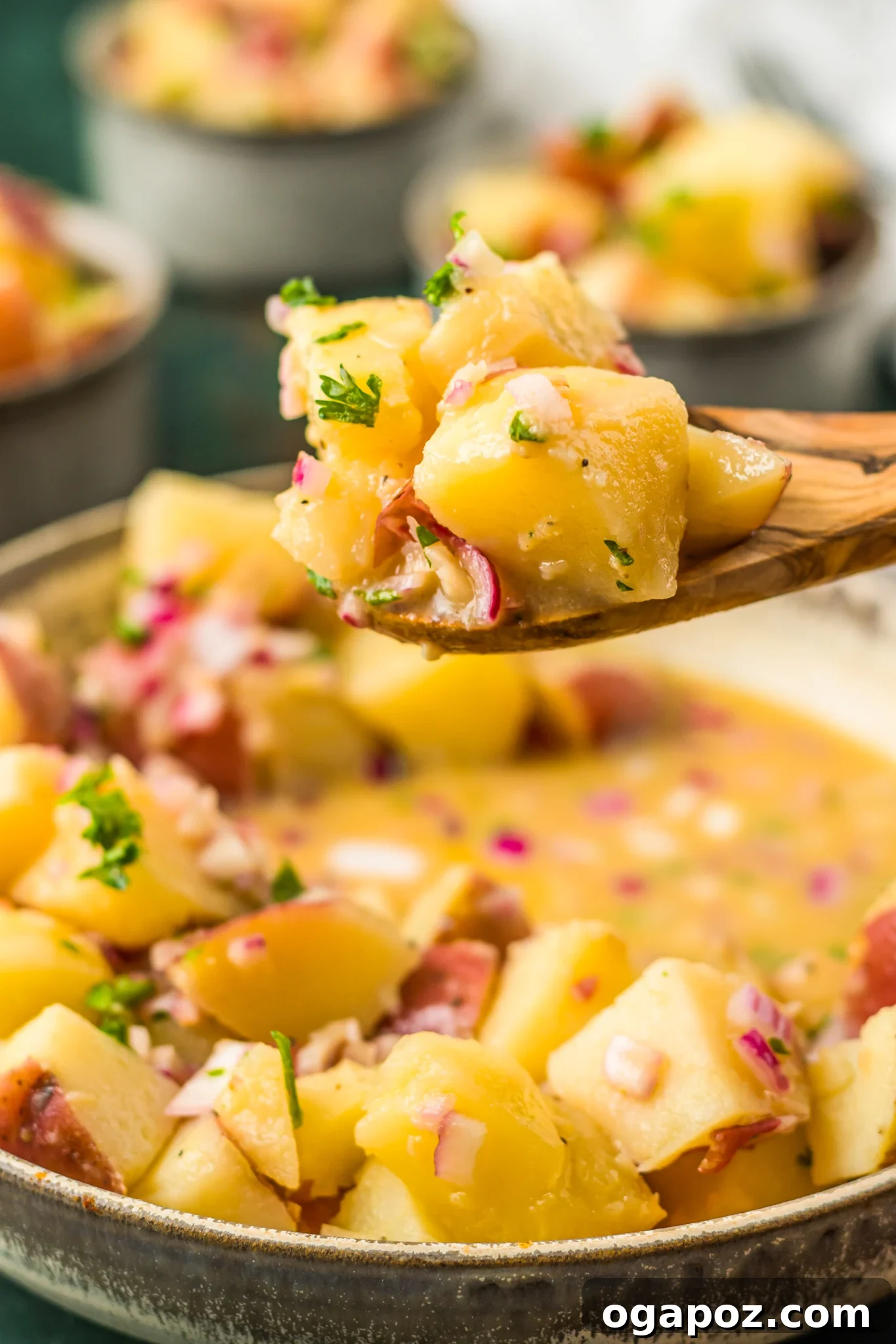 Warm German Potato Salad 2 A bowl of delicious German Potato Salad with a spoon, garnished with fresh herbs and crispy bacon bits, ready to be served.