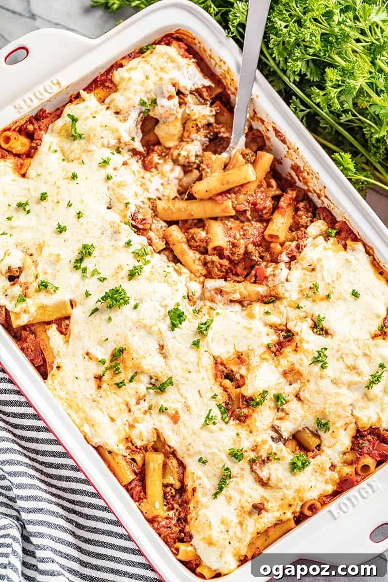 26+ Meat Sauce Masterpieces Delicious Dinners and Effortless Encore Meals 18 Creamy Baked Ziti with meat sauce and cheese
