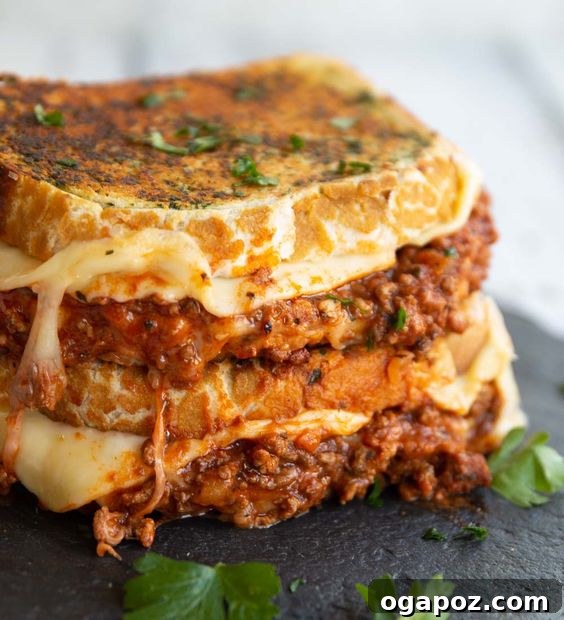 26+ Meat Sauce Masterpieces Delicious Dinners and Effortless Encore Meals 4 Decadent Bolognese Grilled Cheese sandwich with melted cheese