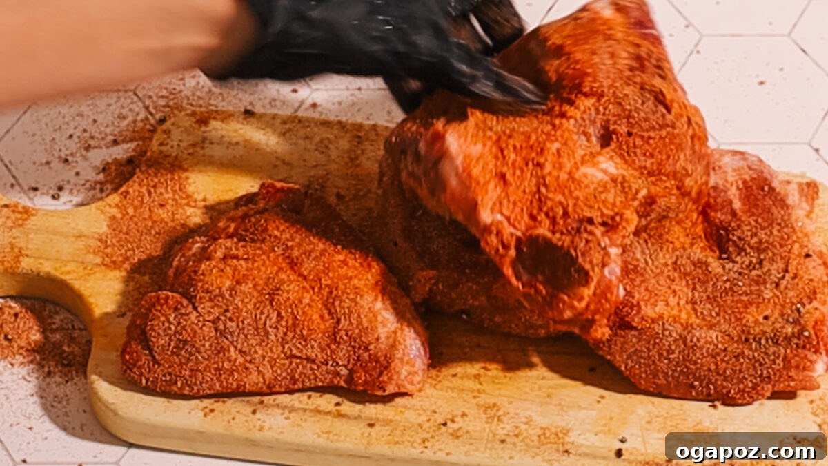 Melt in Your Mouth Instant Pot Pulled Pork 4 Pork pieces being seasoned with a spice rub in a bowl.
