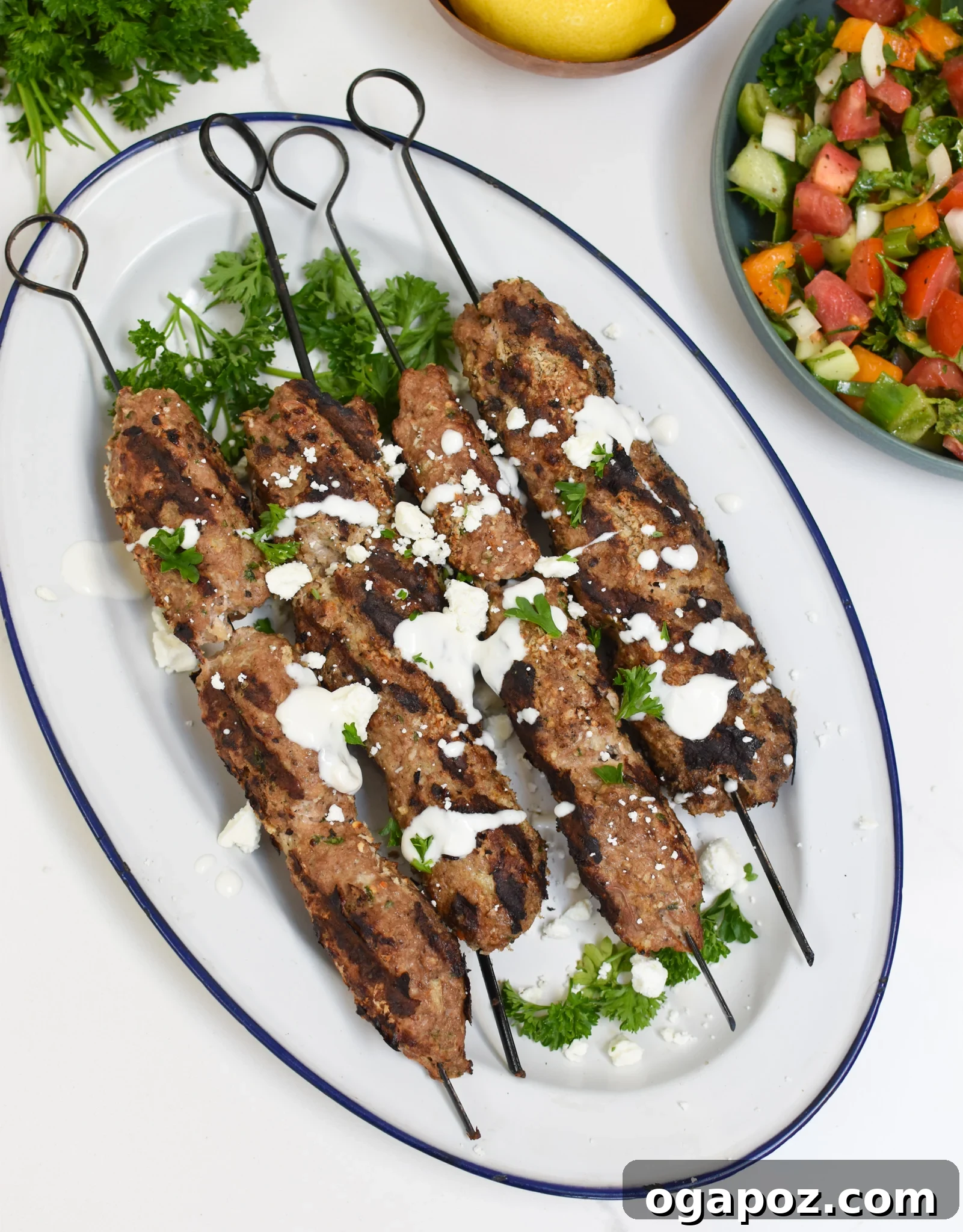 Spiced Turkey Kofta Skewers 5 Grilled Turkey Kofta Kebabs drizzled with a creamy yogurt sauce and fresh herbs, showcasing a delicious serving suggestion.