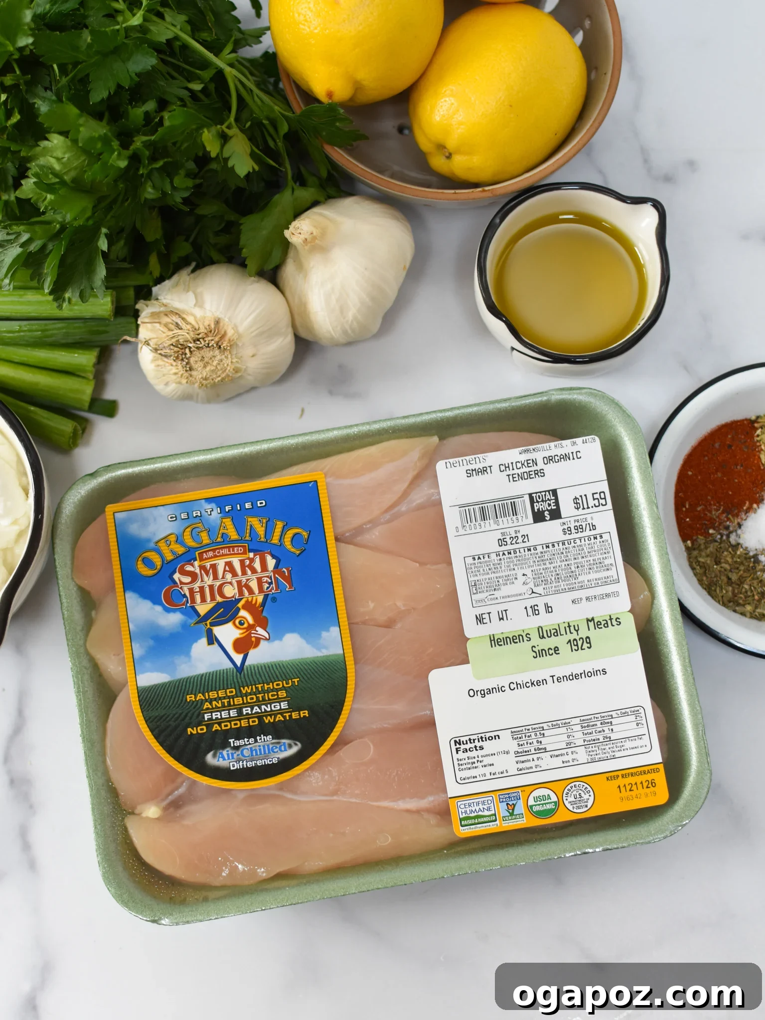 Tangy Yogurt Chicken 3 Individual ingredients for Yogurt Marinated Chicken marinade spread on a surface.