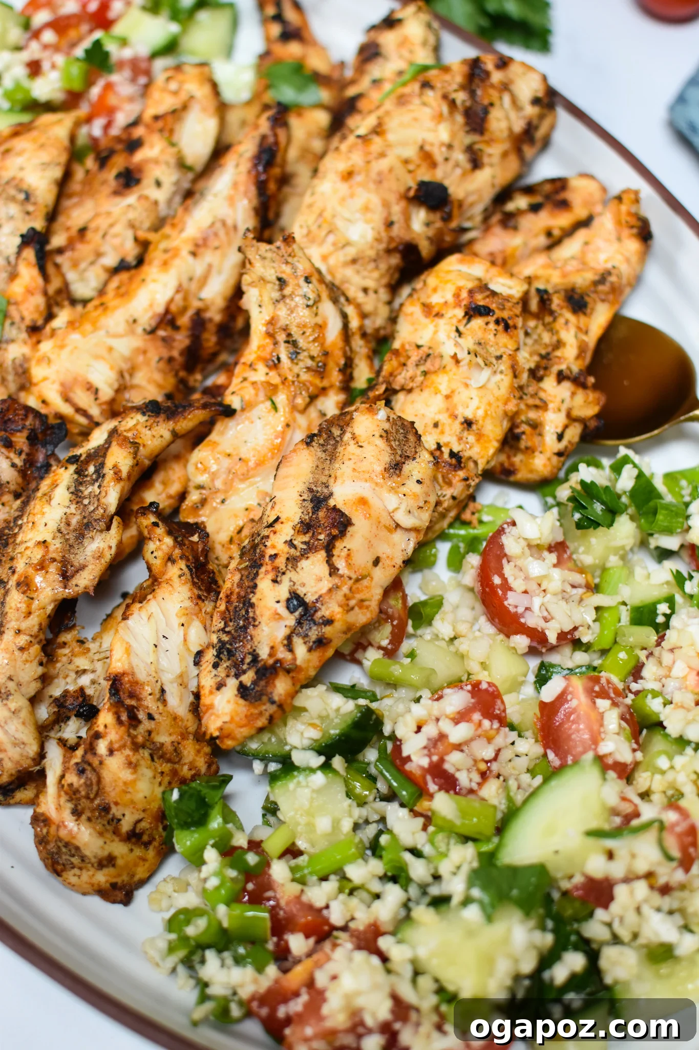 Tangy Yogurt Chicken 4 Grilled Yogurt Marinated Chicken served with a fresh green salad.