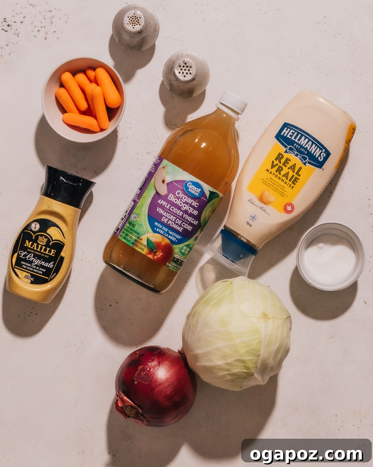 Whip Up the Easiest Creamy Coleslaw 3 Coleslaw recipe ingredients on a table.