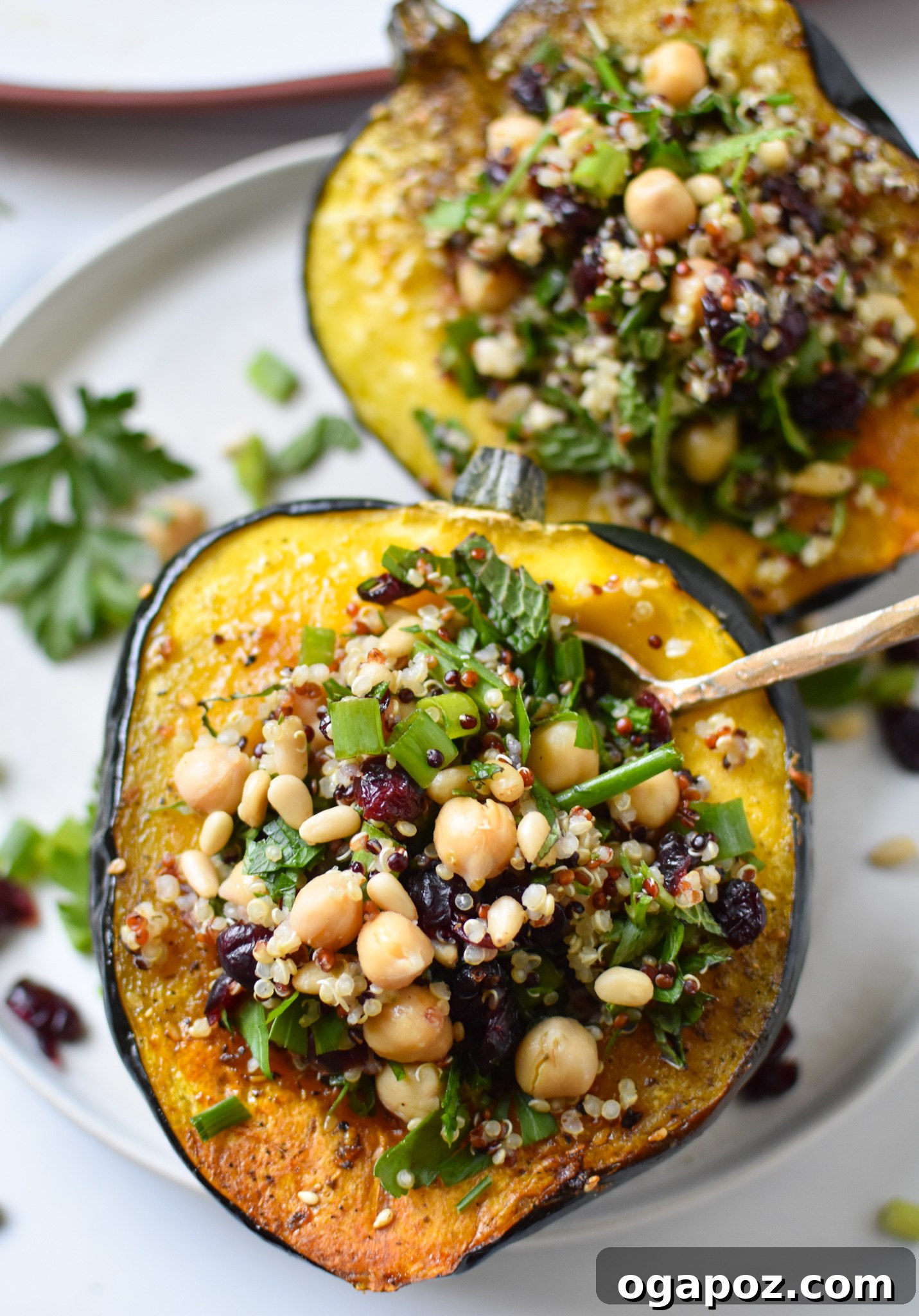 Sun-Kissed Mediterranean Stuffed Acorn Squash 10 Mediterranean Stuffed Acorn Squash with a spoon, ready to be eaten.