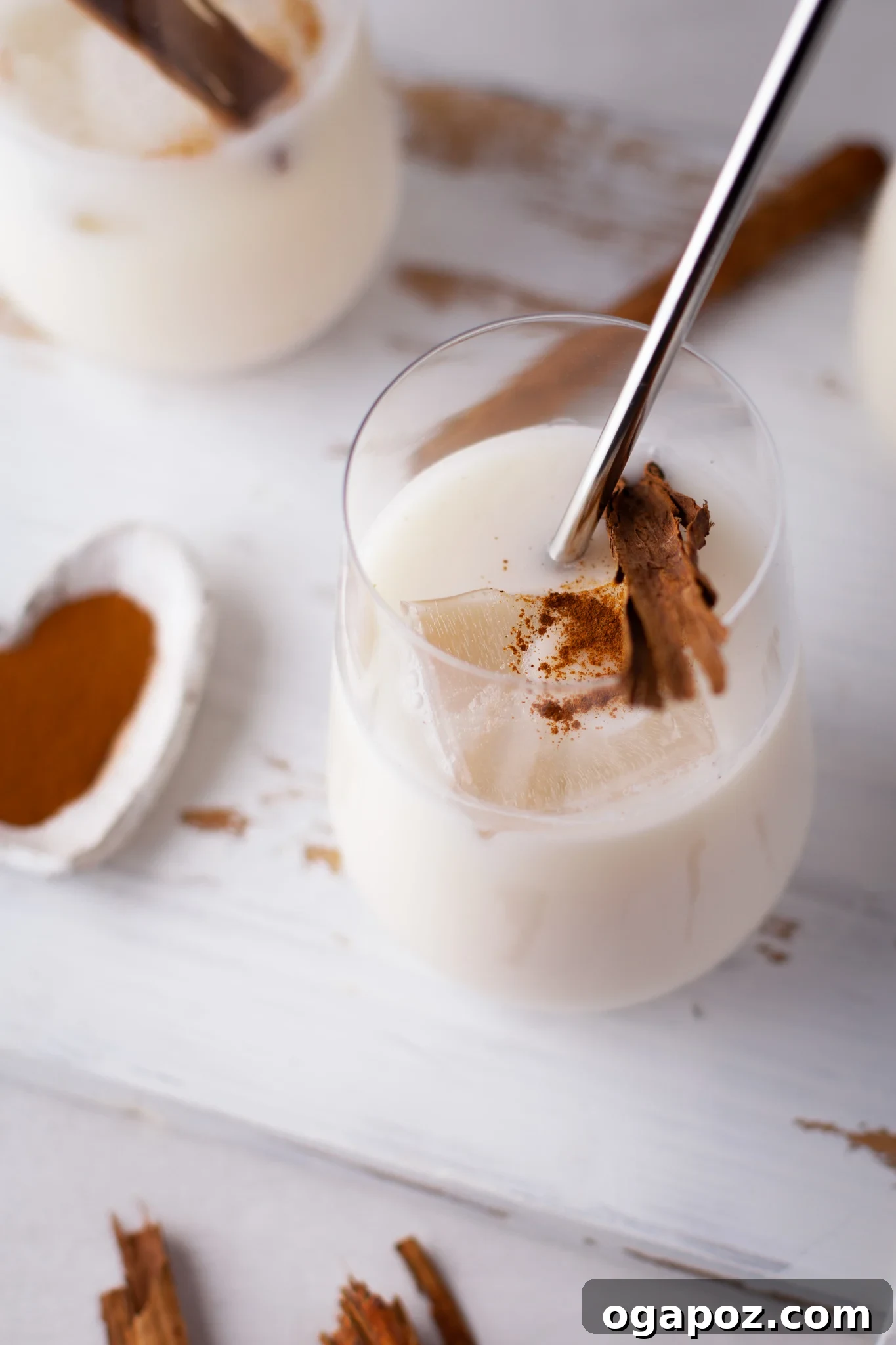 Sweet & Creamy Homemade Horchata 4 A close-up shot of a cinnamon stick and rice, key ingredients for infusing flavor into Horchata.