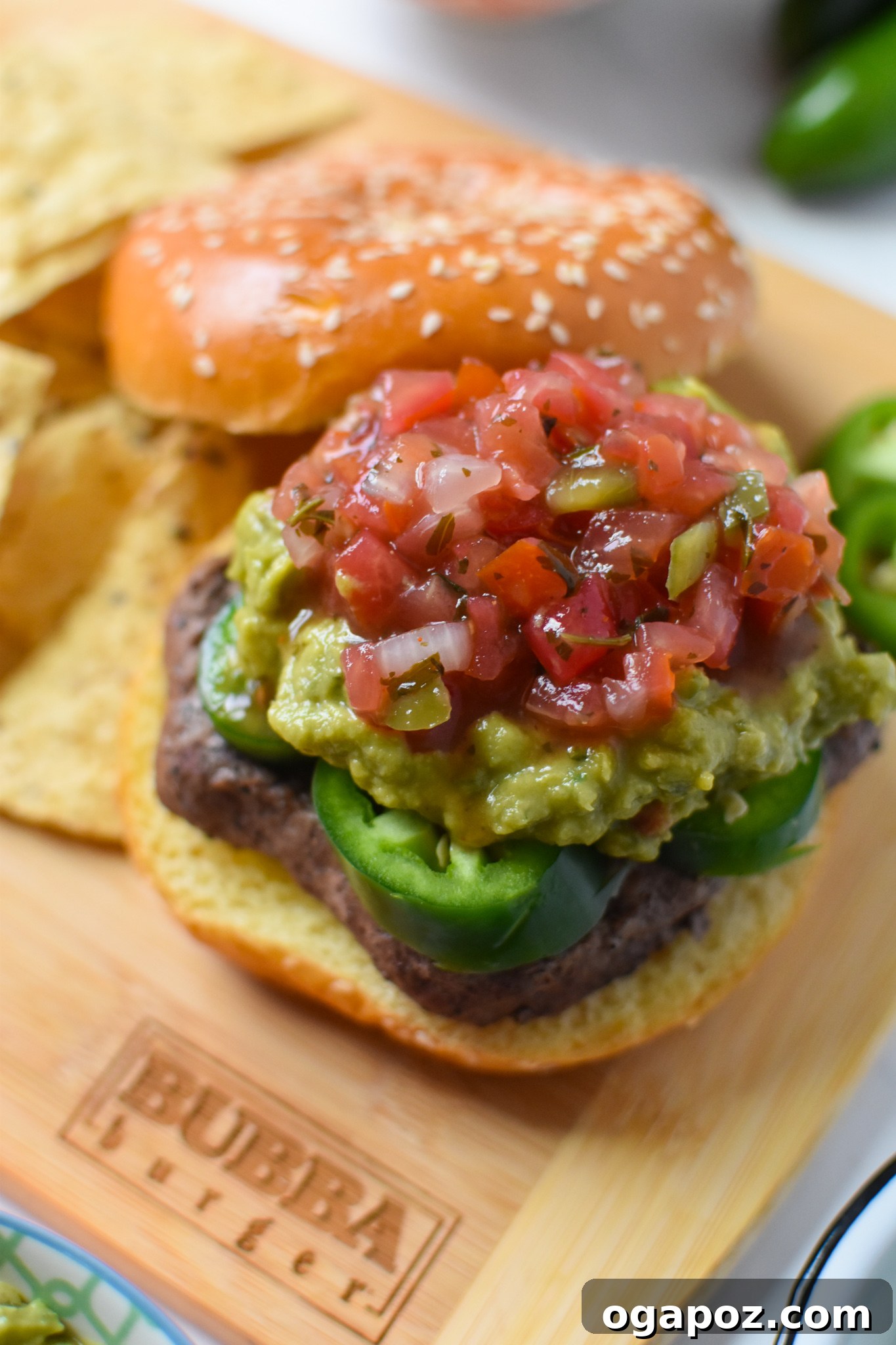 Tex Mex Fiesta Burger 2 Tex Mex Burger with pico de gallo, ready to be enjoyed.