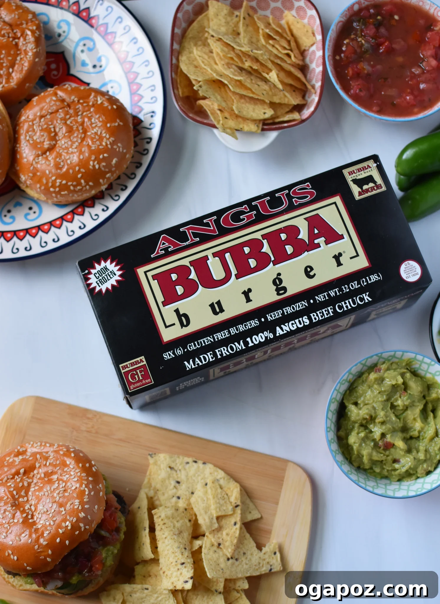 Tex Mex Fiesta Burger 6 Collection of Tex Mex Burger ingredients laid out on a table.