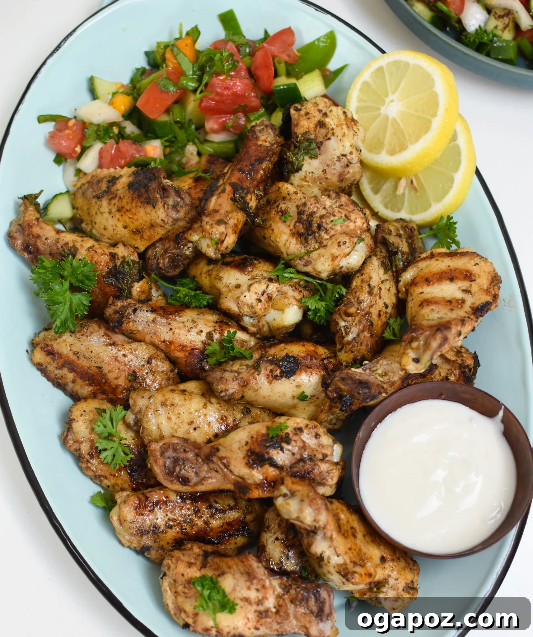 Zesty Mediterranean Grilled Wings 2 Platter of golden brown Grilled Mediterranean Chicken Wings, garnished with fresh herbs.