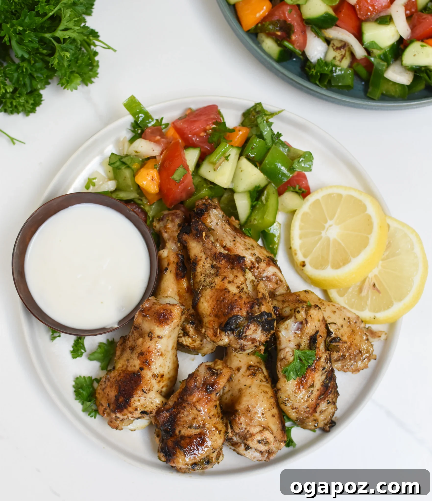 Zesty Mediterranean Grilled Wings 4 Marinated Mediterranean Chicken Wings, ready for grilling, with fresh lemon wedges.