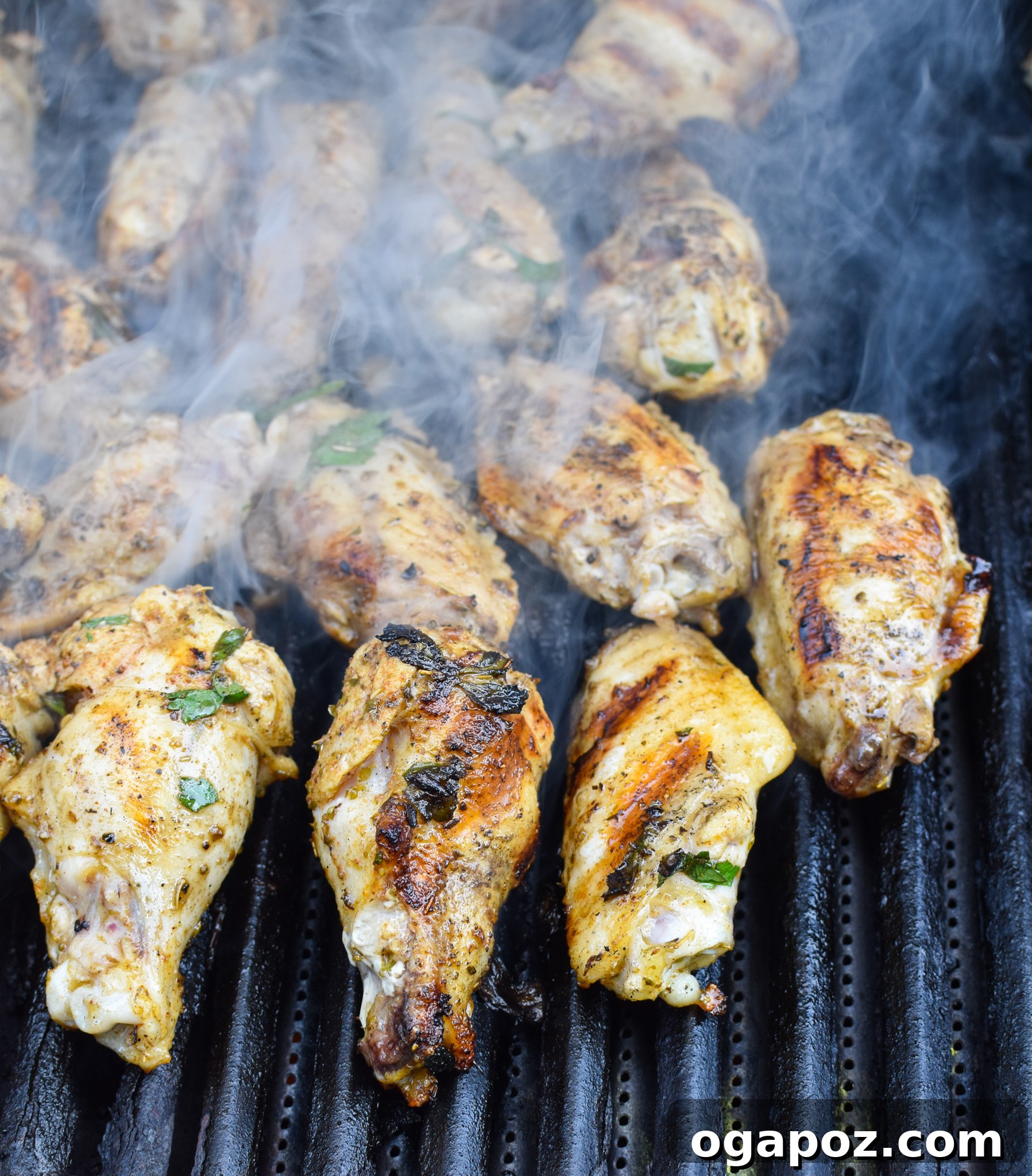 Zesty Mediterranean Grilled Wings 6 Mediterranean Chicken Wings sizzling on a hot grill, developing a beautiful char.