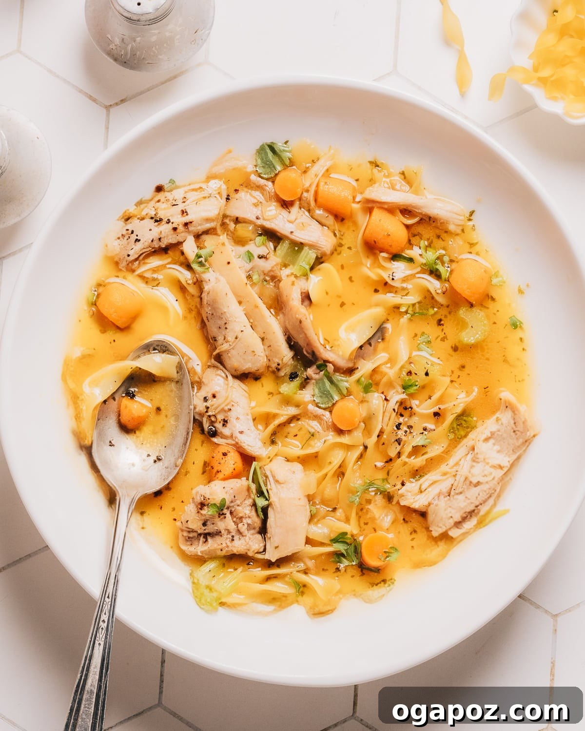 Perfectly Easy Homemade Chicken Noodle Soup 2 Homemade chicken noodle soup in a bowl, garnished with fresh herbs.