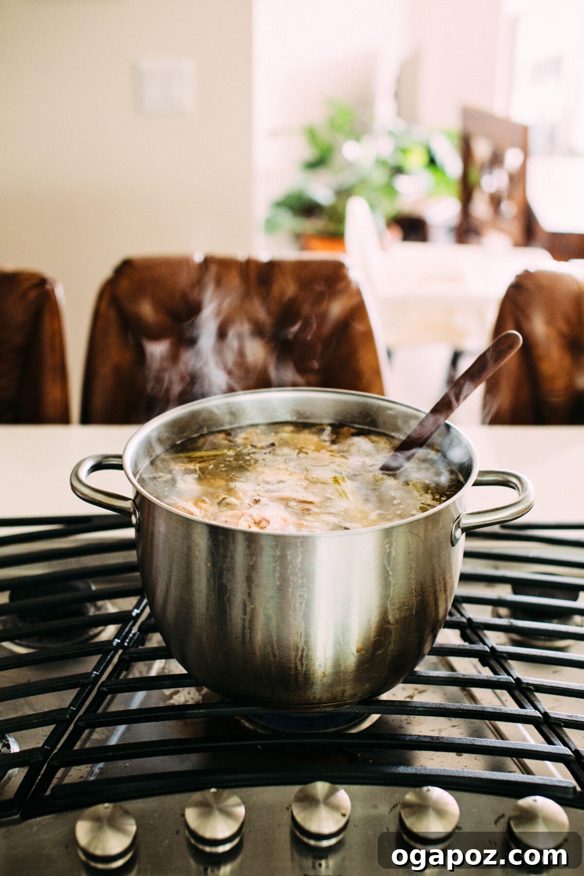 Perfectly Easy Homemade Chicken Noodle Soup 5 Chicken, broth, and herbs simmering in a pot on the stove.