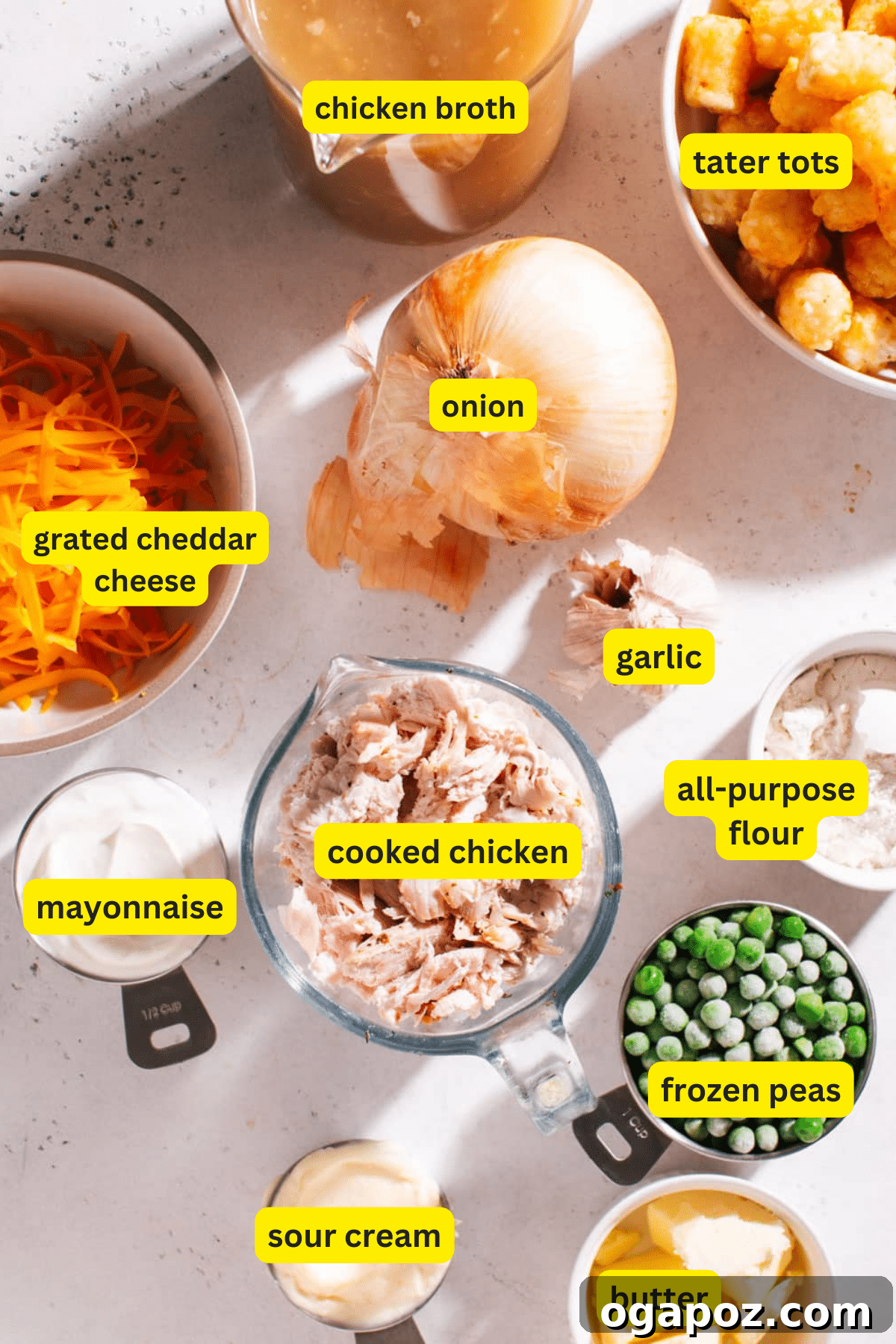 Quick and Scrumptious Chicken Tater Tot Casserole 3 Essential ingredients for homemade Chicken Tater Tot Casserole, including tater tots, chicken, cheese, and vegetables.